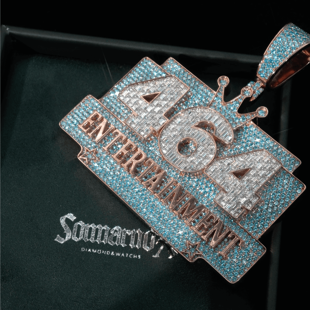 Iced 464 Pendant – Blue Stone Background Baguette Number Moissanite Custom Pendant Statement Piece