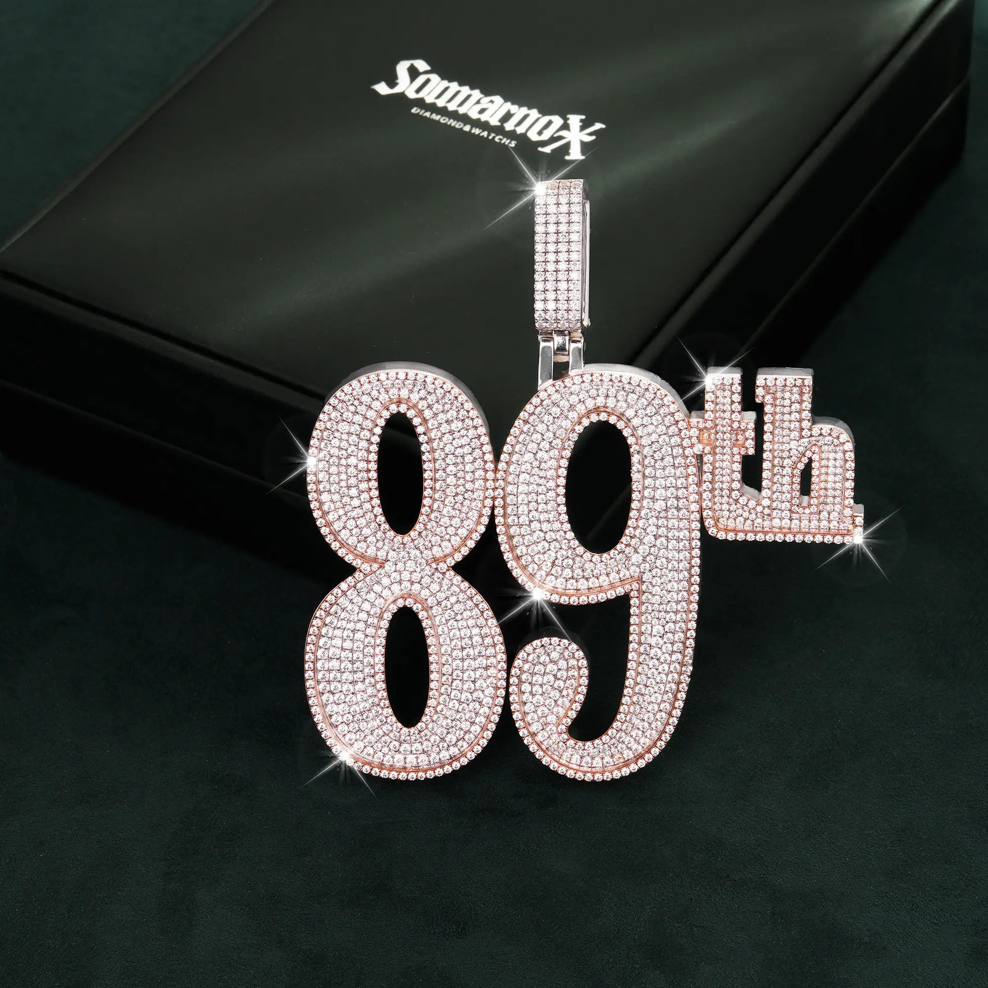 Iced 89th Pendant Fully Flooded Moissanite Rose-Tone Finish Outline Statement Piece by Sommarnox