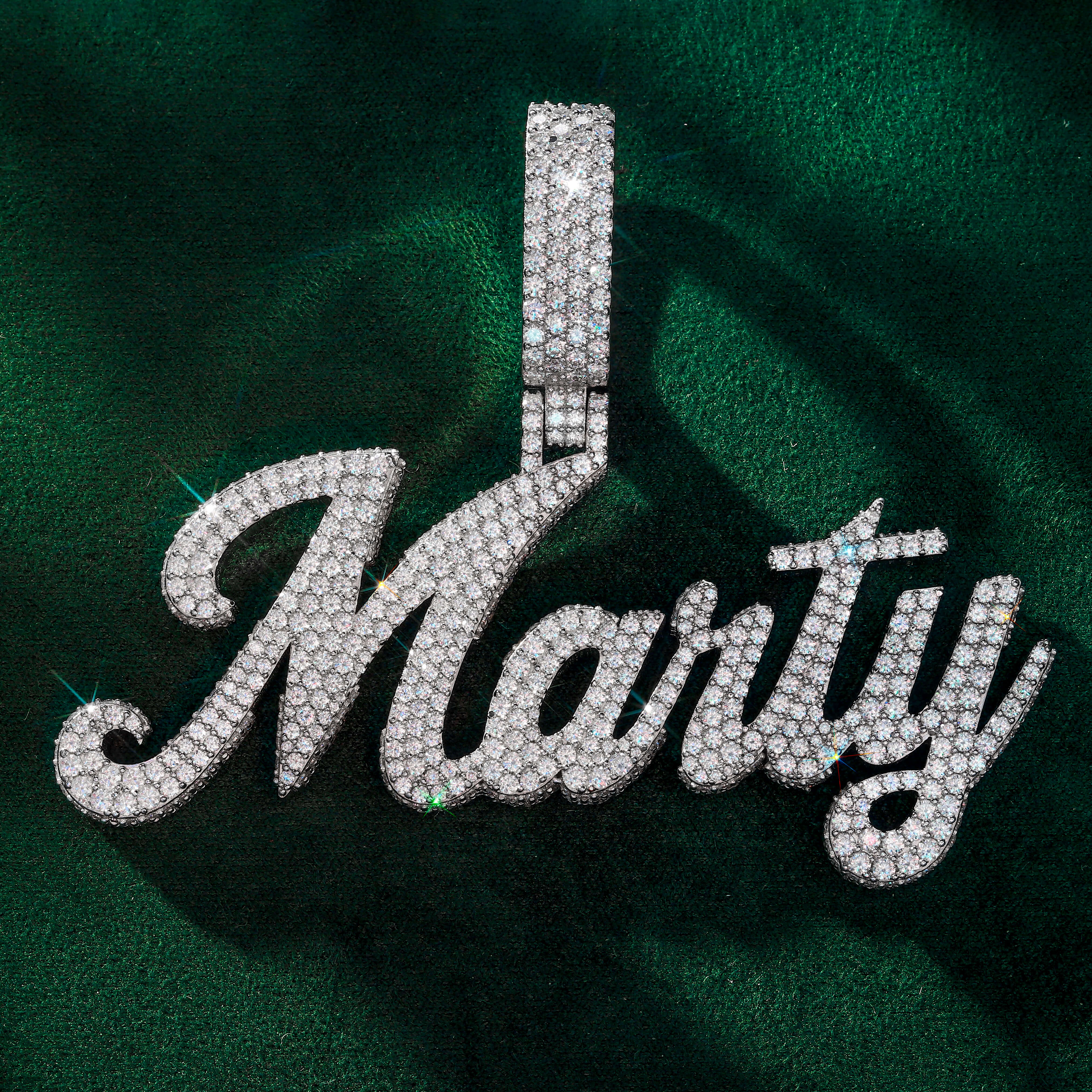 Iced Out Script Name Moissanite Custom Pendant – Fully Hand-Set VVS Moissanite Charm
