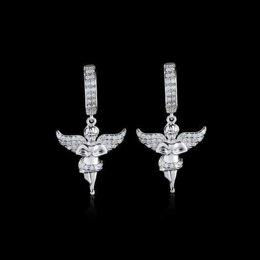 Silver Angel Moissanite Huggie Earrings for Men – Fully Iced Out VVS Stones