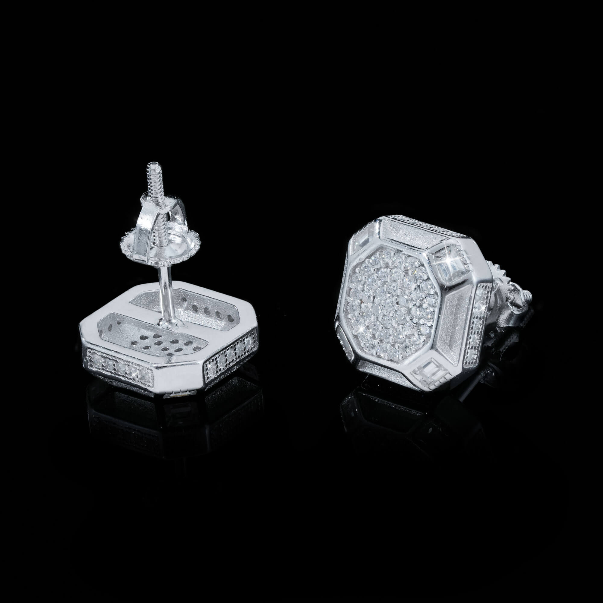 Hexagon Moissanite Stud Earrings for Men – Iced Out, Silver, Screw Back