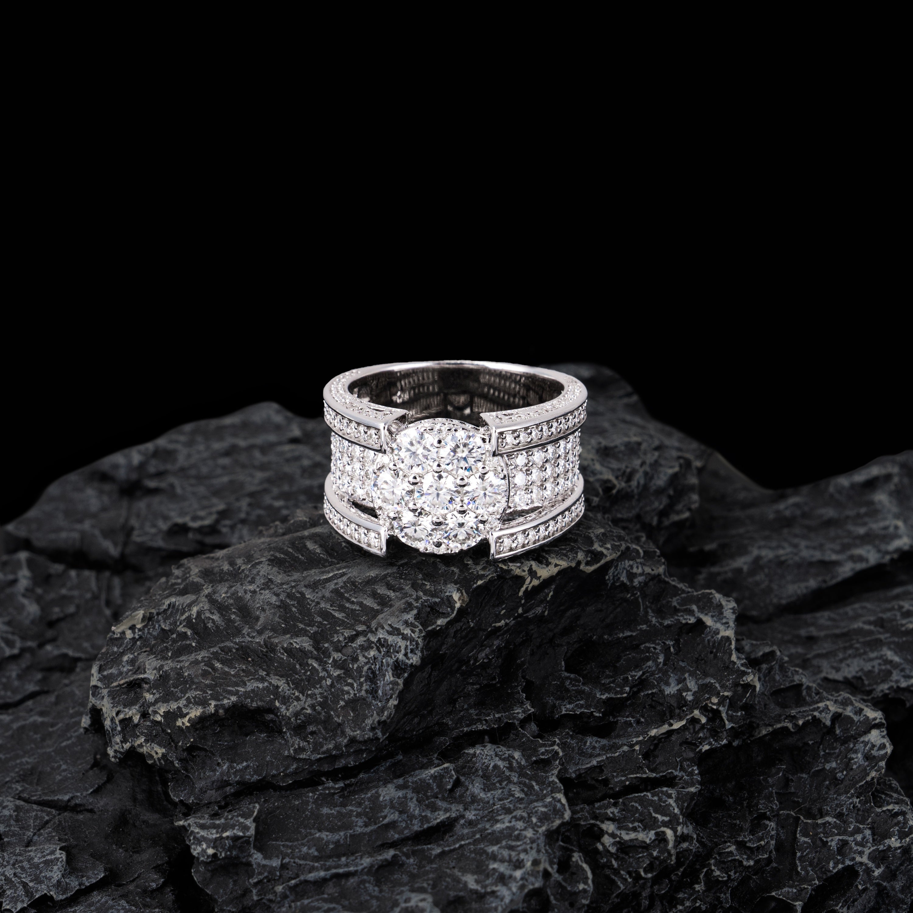 Iced Out Round Cluster Moissanite Ring VVS Pavé Double Band – alternate product view 2