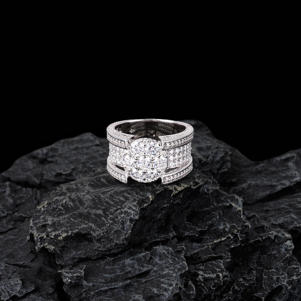 Iced Out Round Cluster Moissanite Ring VVS Pavé Double Band – alternate product view 2