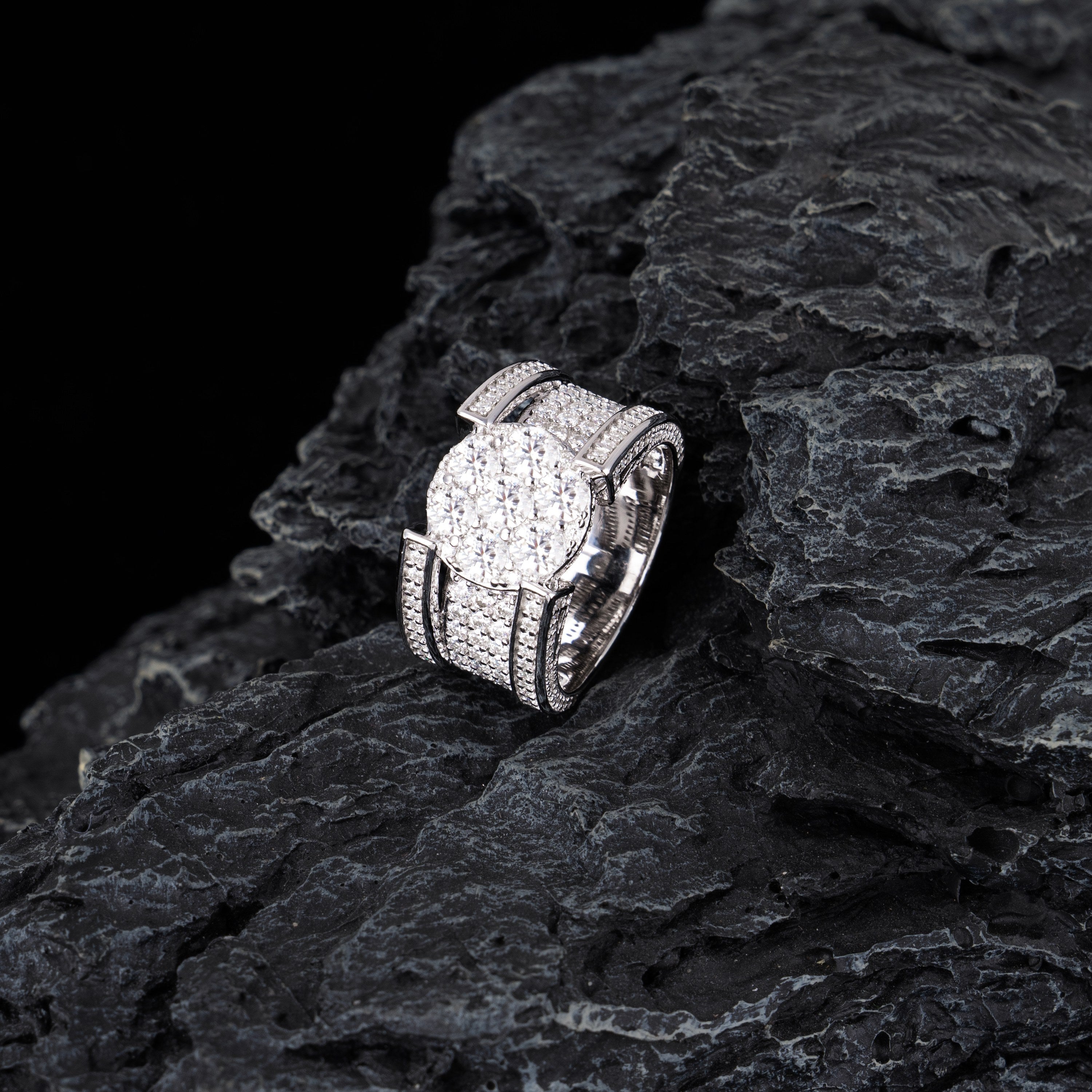 Iced Out Round Cluster Moissanite Ring VVS Pavé Double Band – alternate product view 3