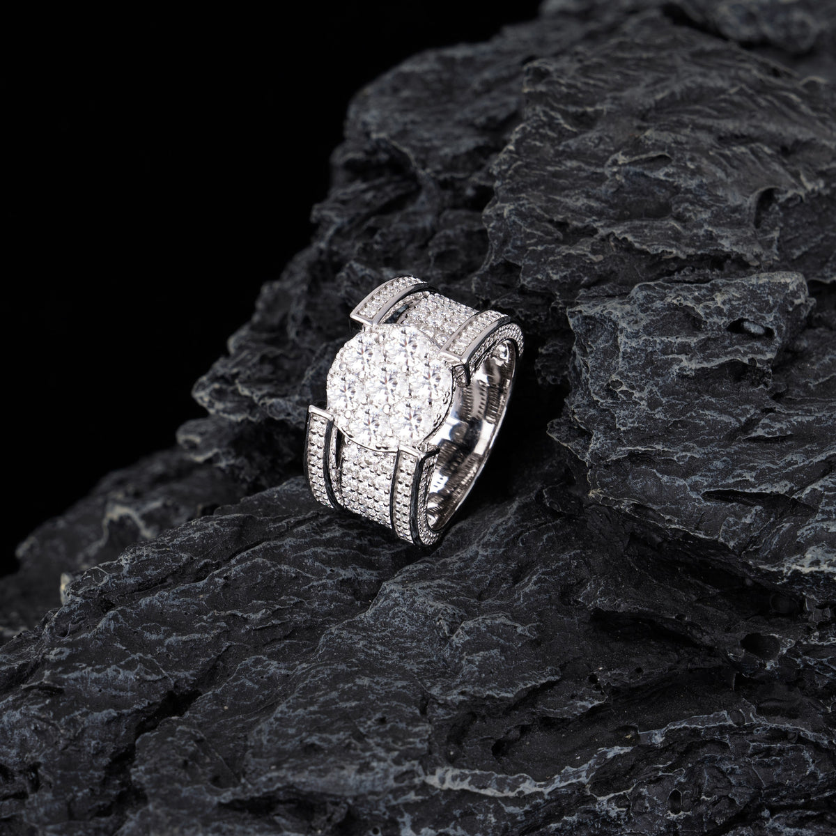 Iced Out Round Cluster Moissanite Ring VVS Pavé Double Band – alternate product view 3