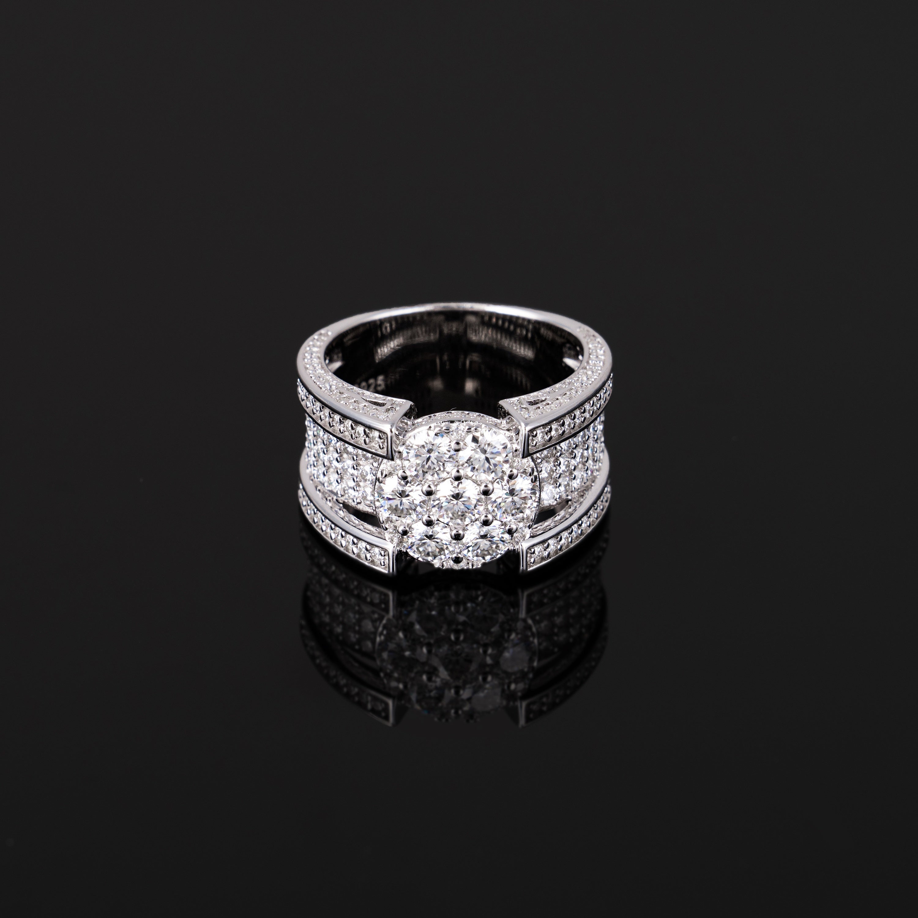 Iced Out Round Cluster Moissanite Ring VVS Pavé Double Band by Sommarnox