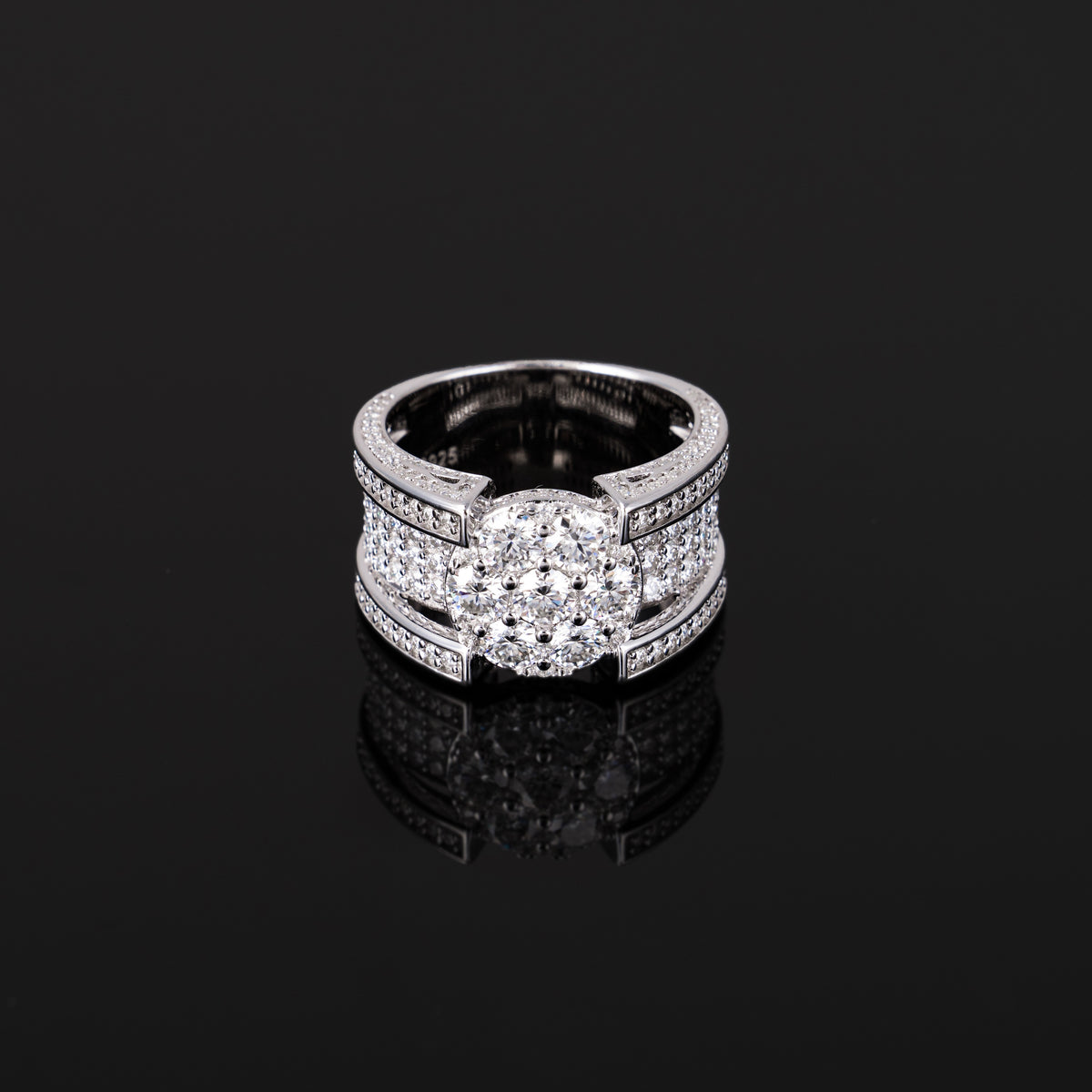 Iced Out Round Cluster Moissanite Ring VVS Pavé Double Band by Sommarnox