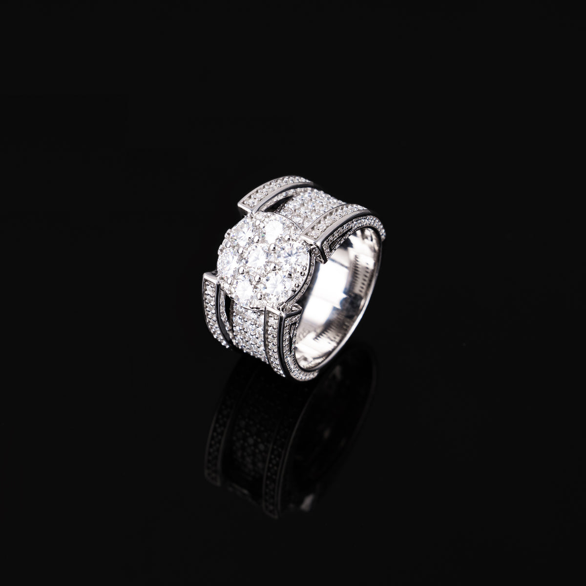 Iced Out Round Cluster Moissanite Ring VVS Pavé Double Band – alternate product view 6