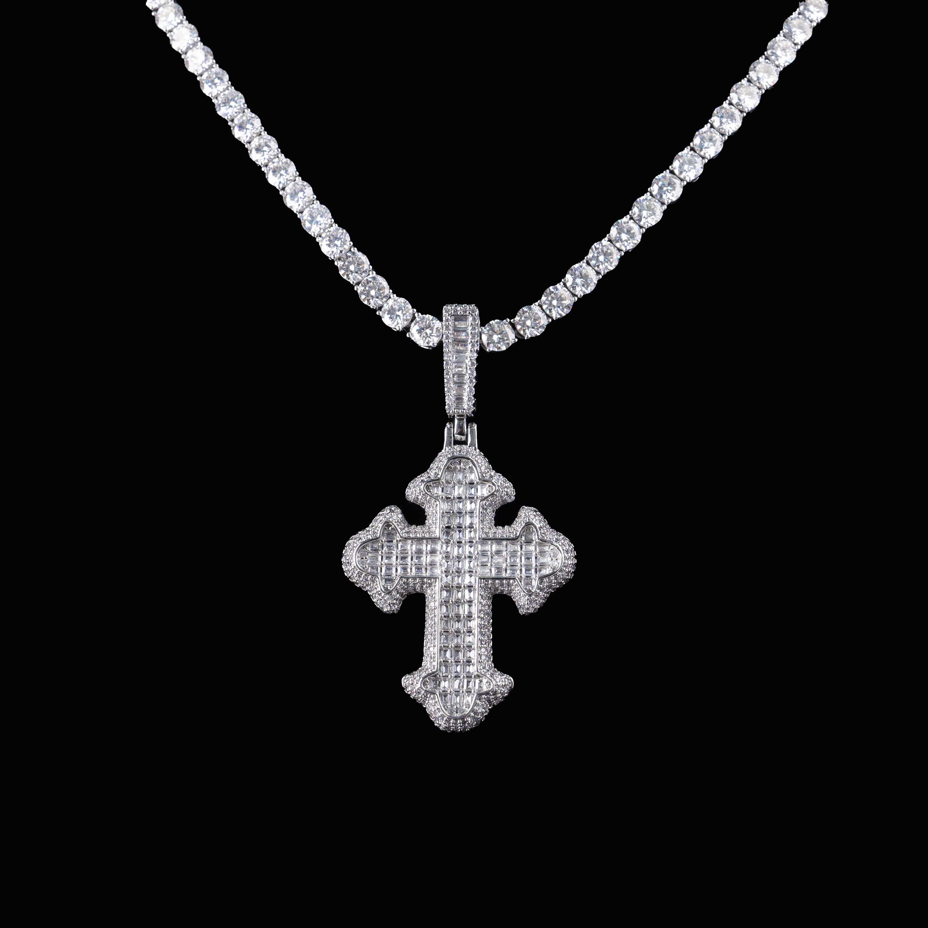 Iced Cross Pendant Baguette & Round Moissanite Fully Flooded Statement Piece – alternate product view 7