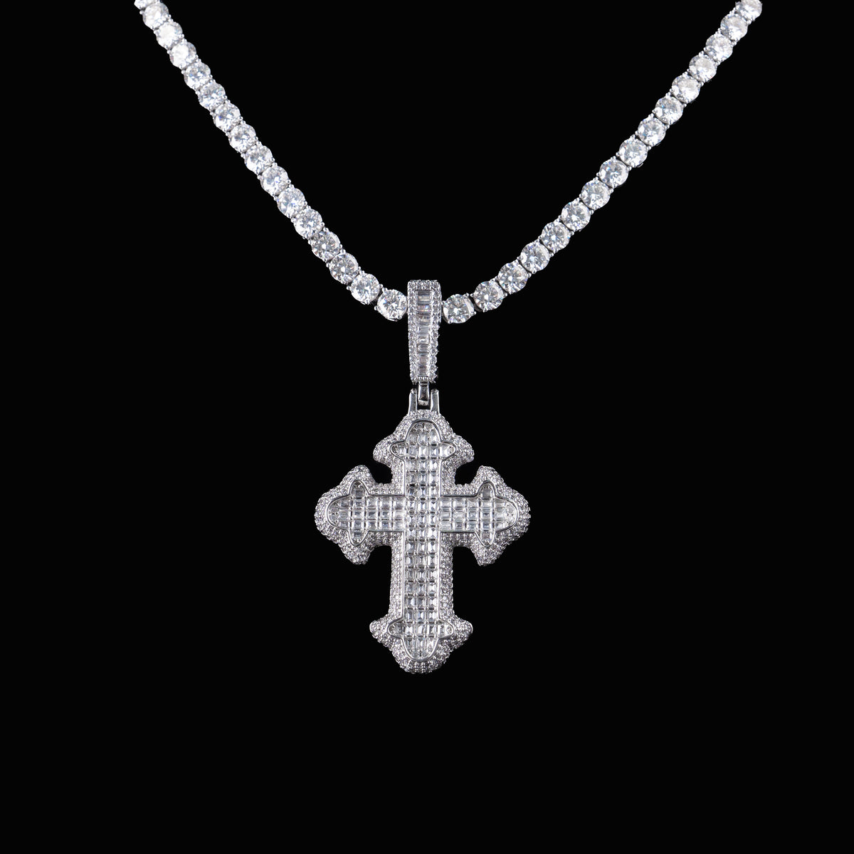 Iced Cross Pendant Baguette & Round Moissanite Fully Flooded Statement Piece – alternate product view 7