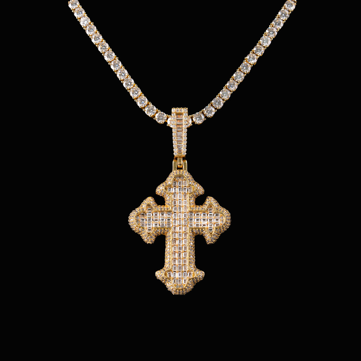 Iced Cross Pendant Baguette & Round Moissanite Fully Flooded Statement Piece – alternate product view 8