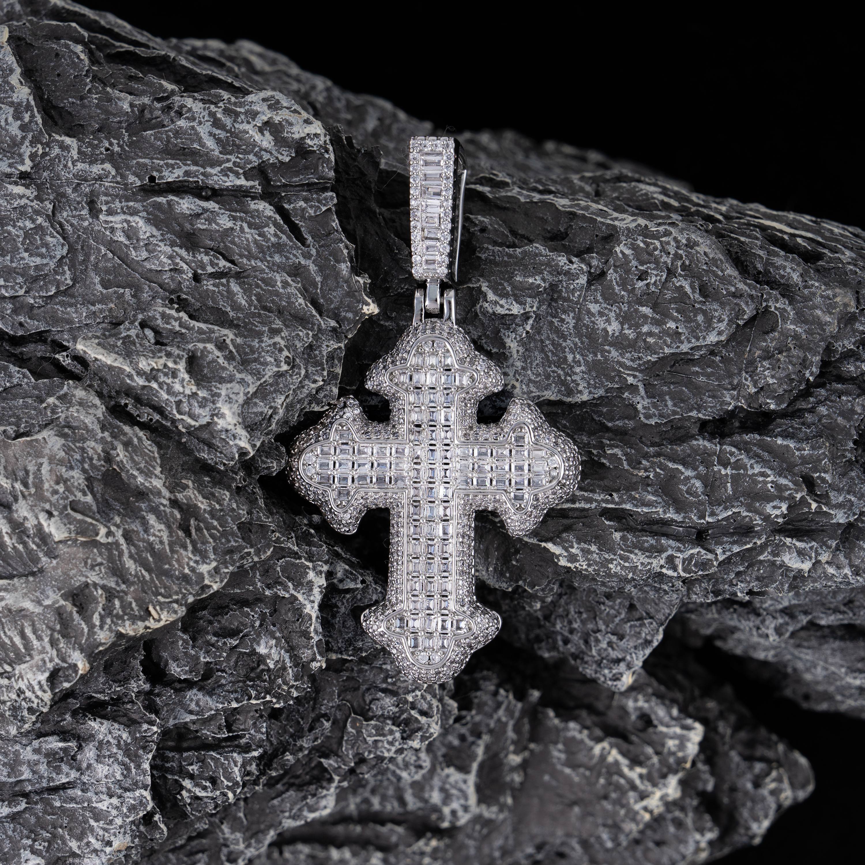 Iced Cross Pendant Baguette & Round Moissanite Fully Flooded Statement Piece – alternate product view 3