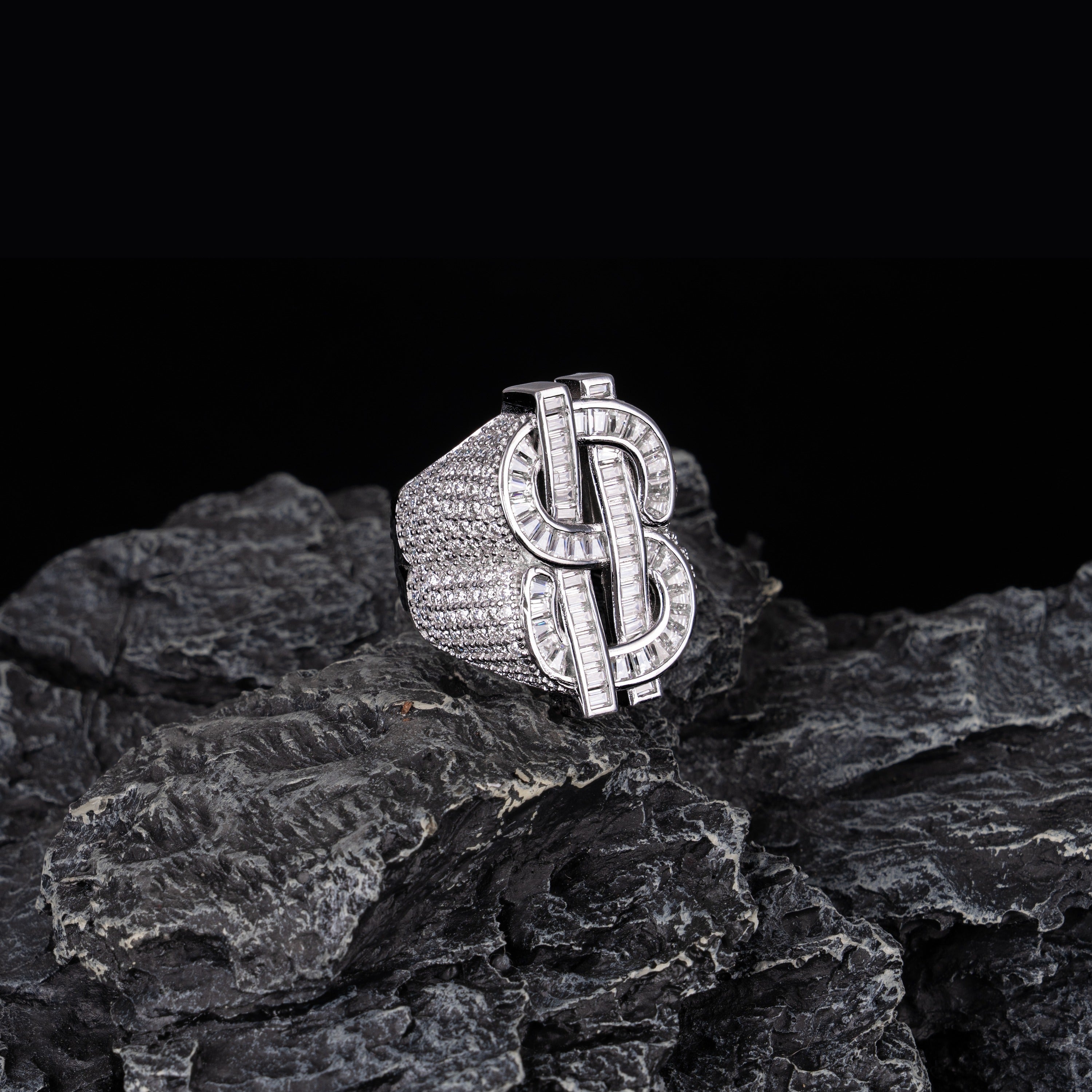 Iced Out Dollar Sign Baguette Moissanite Ring VVS Half Pavé Statement Ring – alternate product view 2