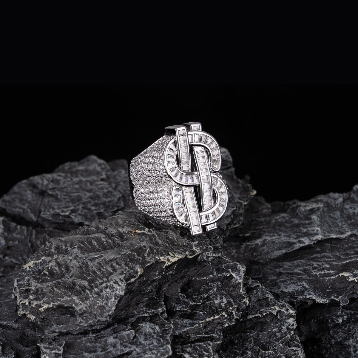 Iced Out Dollar Sign Baguette Moissanite Ring VVS Half Pavé Statement Ring – alternate product view 2
