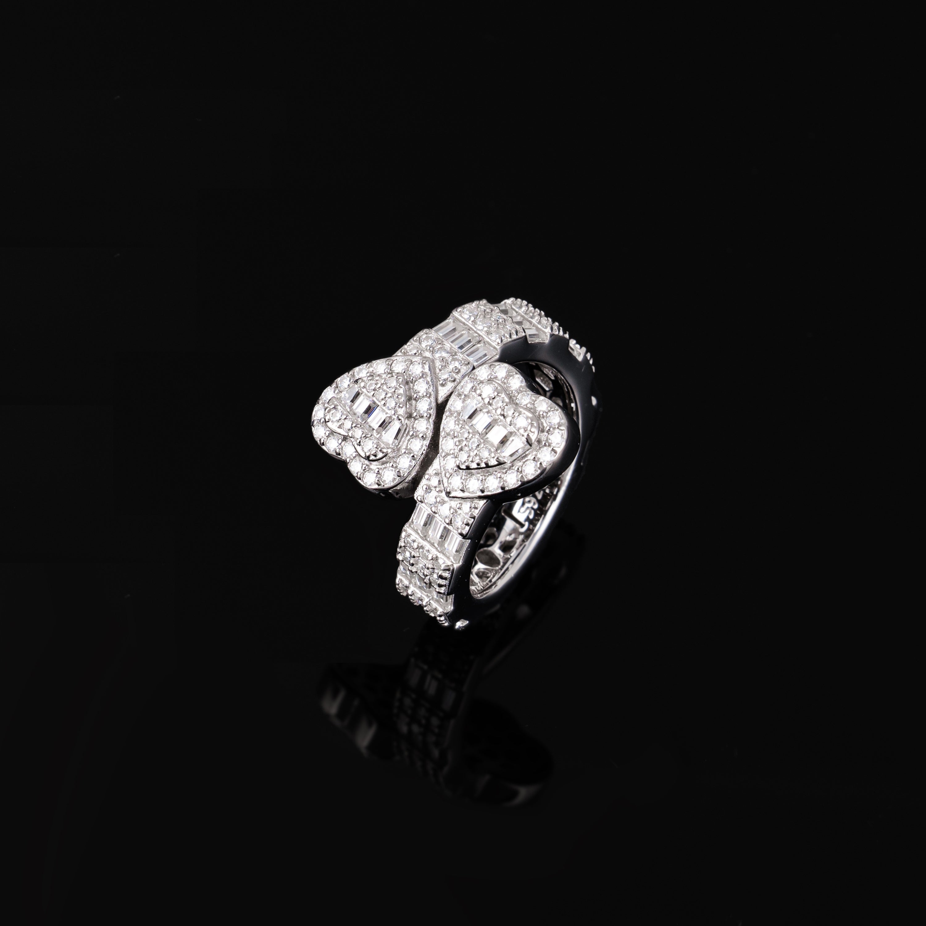Iced Double Heart Open Ring Baguette & Round Moissanite Statement Ring – alternate product view 3