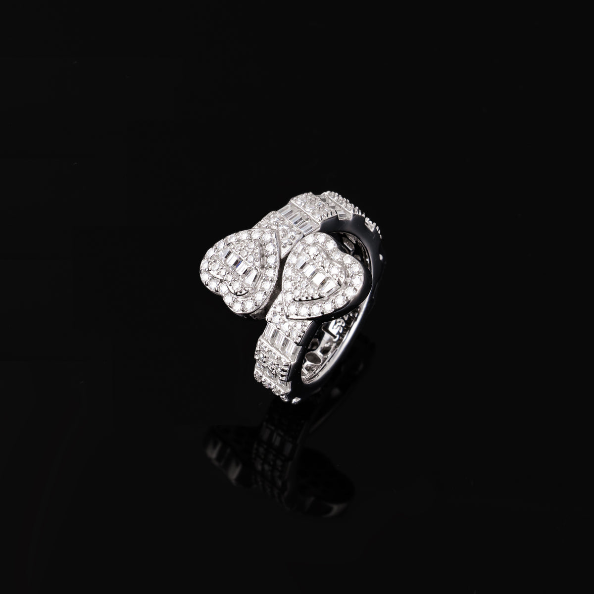 Iced Double Heart Open Ring Baguette & Round Moissanite Statement Ring – alternate product view 3