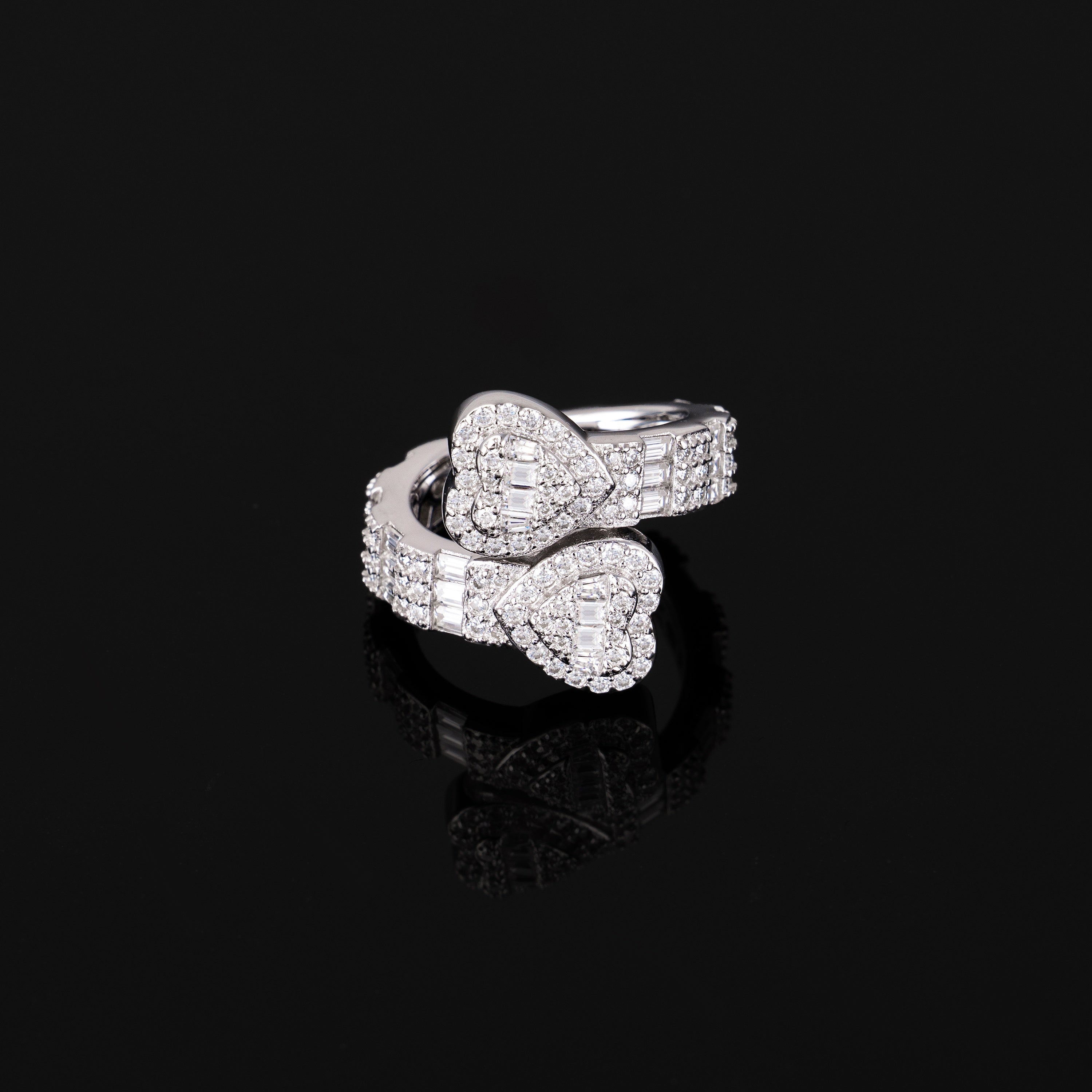 Iced Double Heart Open Ring Baguette & Round Moissanite Statement Ring – alternate product view 4
