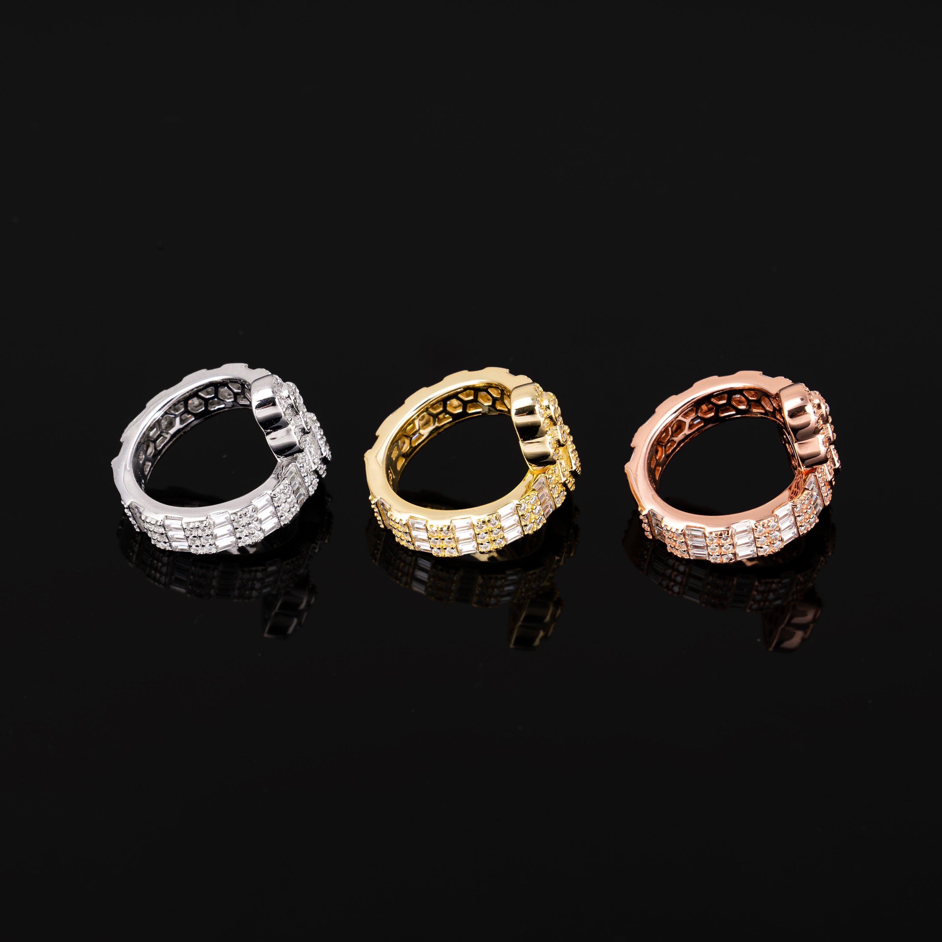 Iced Double Heart Open Ring Baguette & Round Moissanite Statement Ring – alternate product view 2