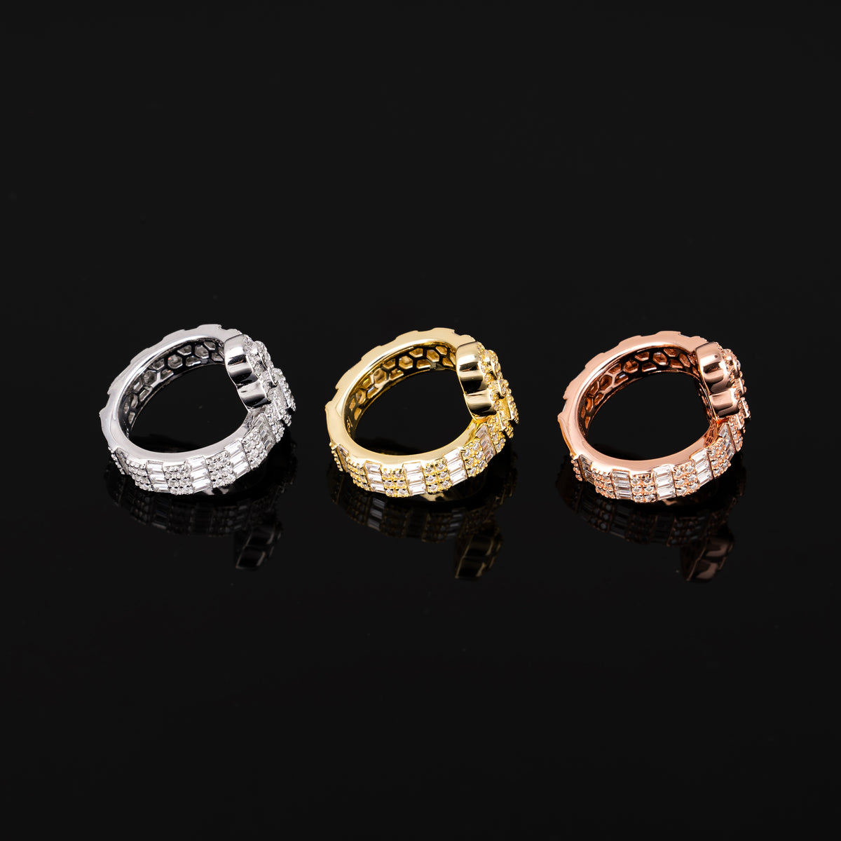 Iced Double Heart Open Ring Baguette & Round Moissanite Statement Ring – alternate product view 2
