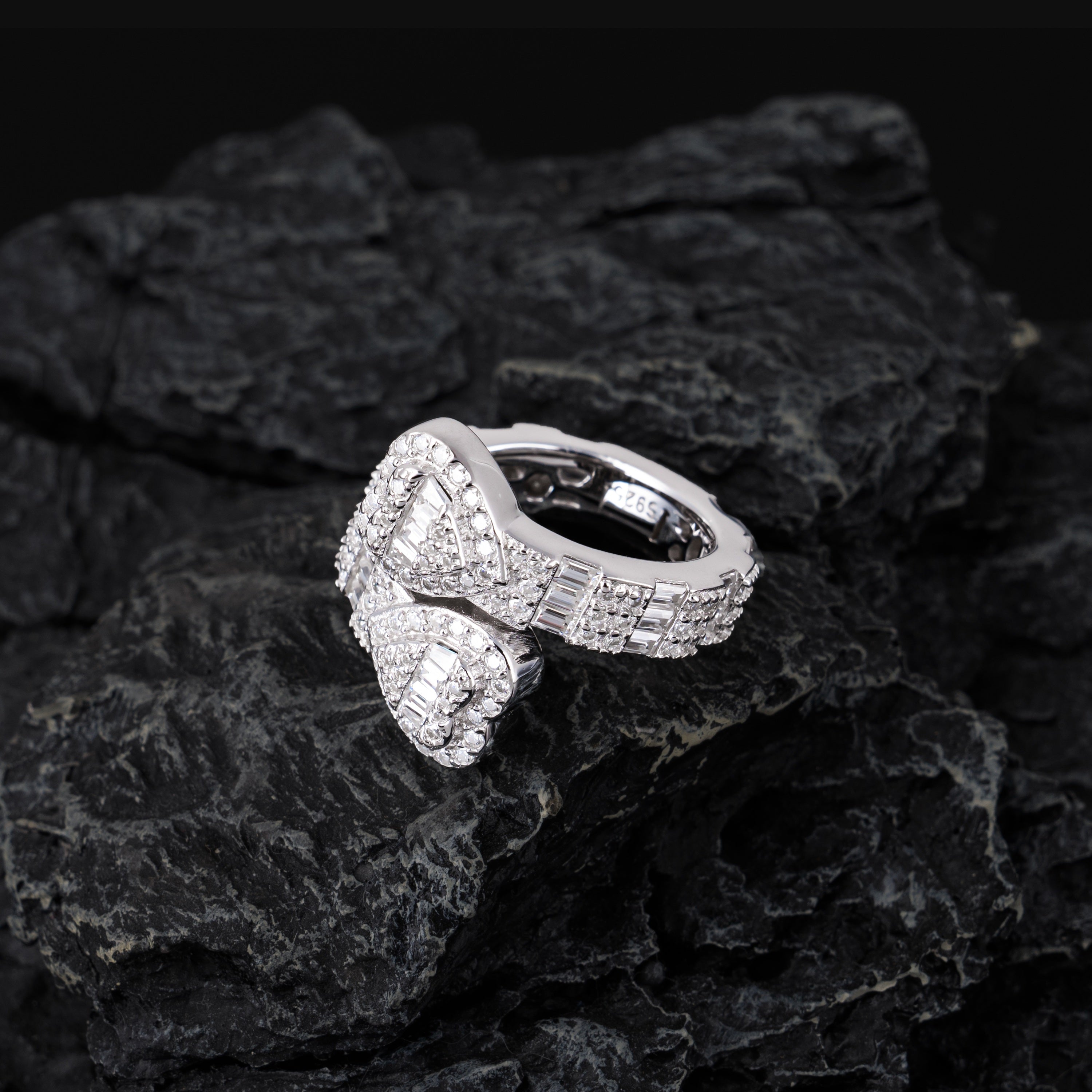 Iced Double Heart Open Ring Baguette & Round Moissanite Statement Ring – alternate product view 6