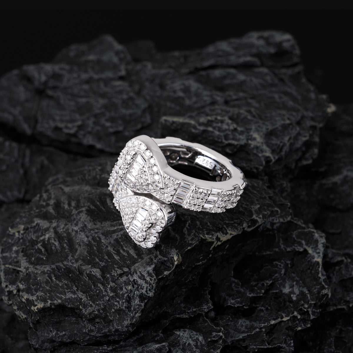 Iced Double Heart Open Ring Baguette & Round Moissanite Statement Ring – alternate product view 6