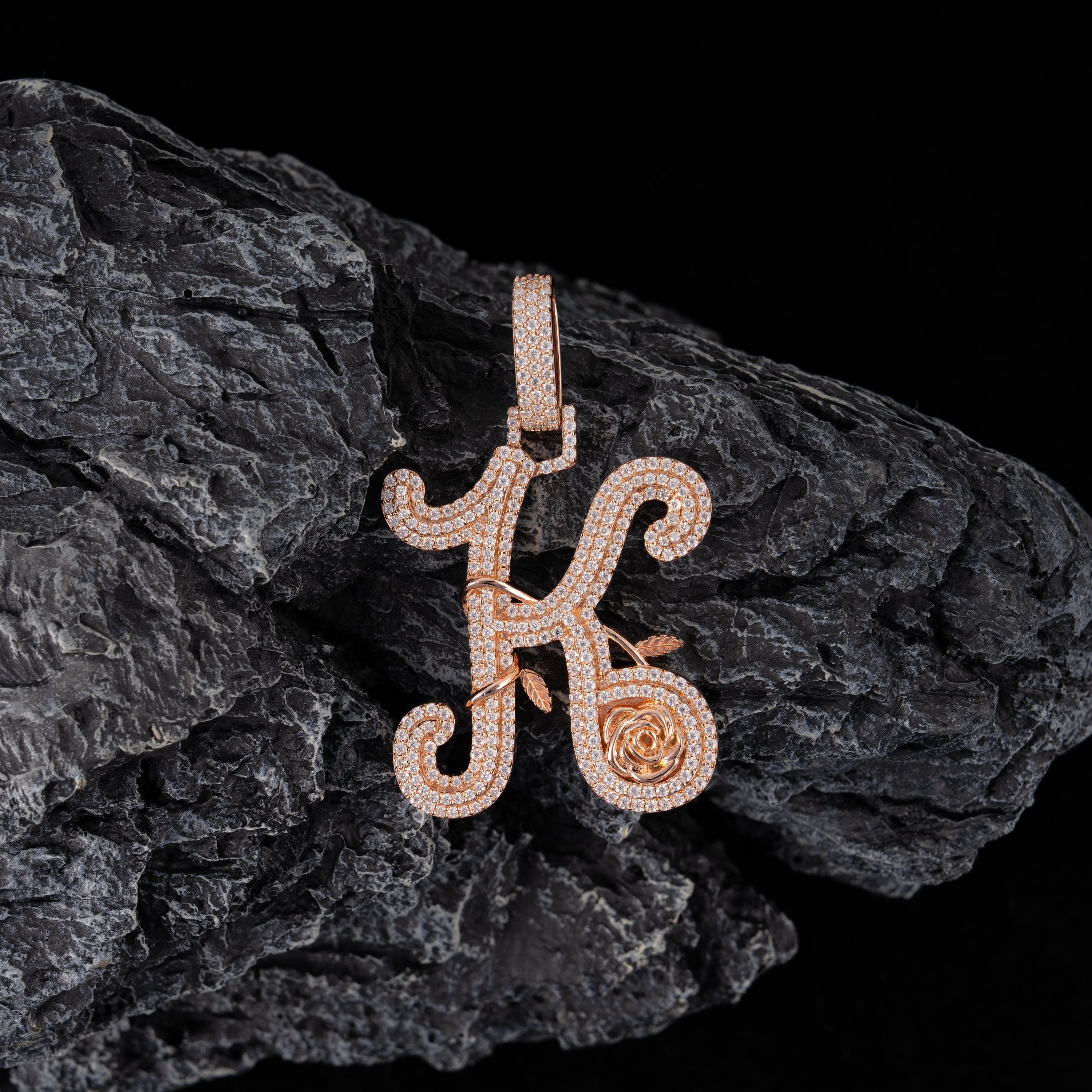 Moissanite Letter K Entwined With Roses Pendant by Sommarnox
