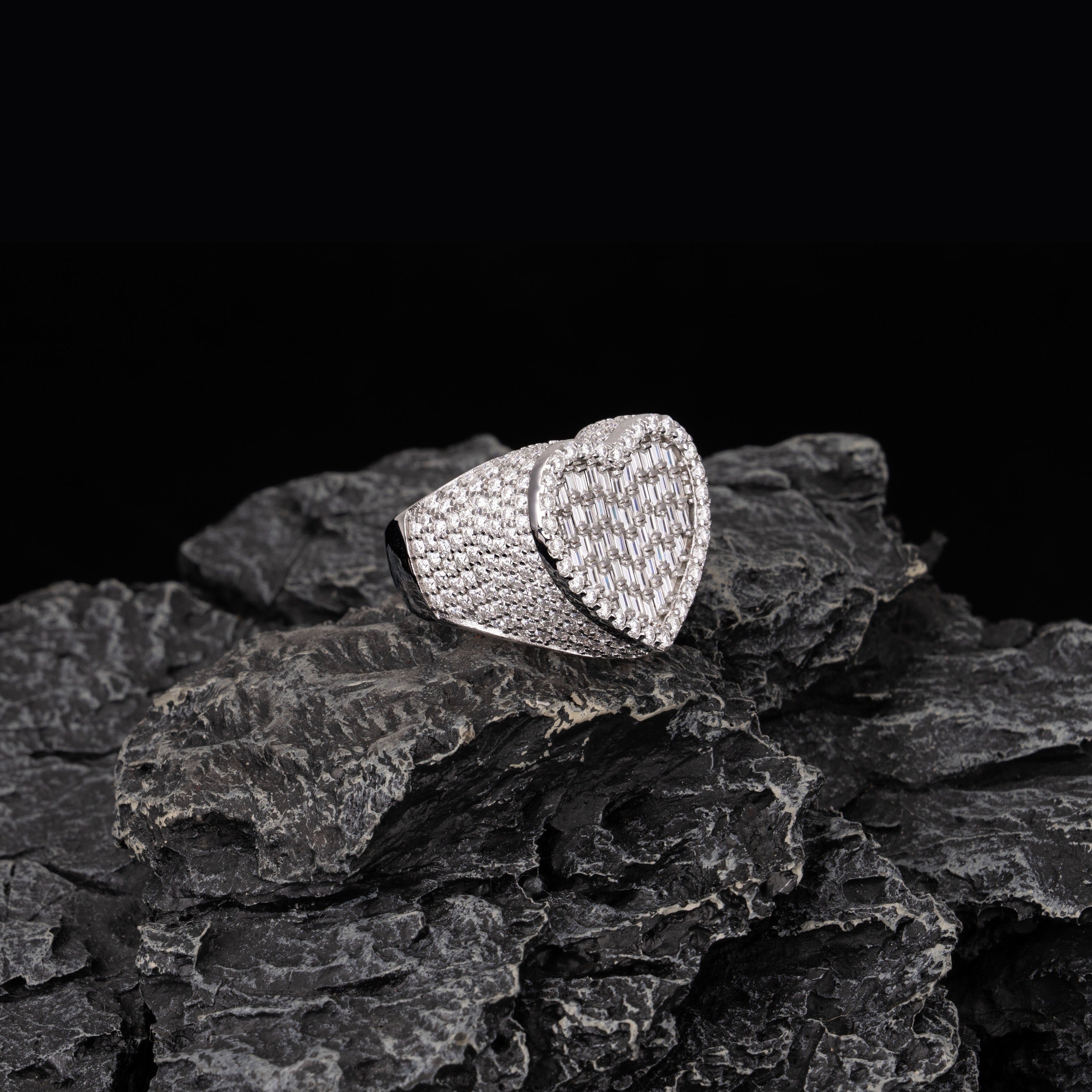 Heart Shape Baguette Moissanite Ring Fully Iced Out VVS Half Pavé Band – alternate product view 4