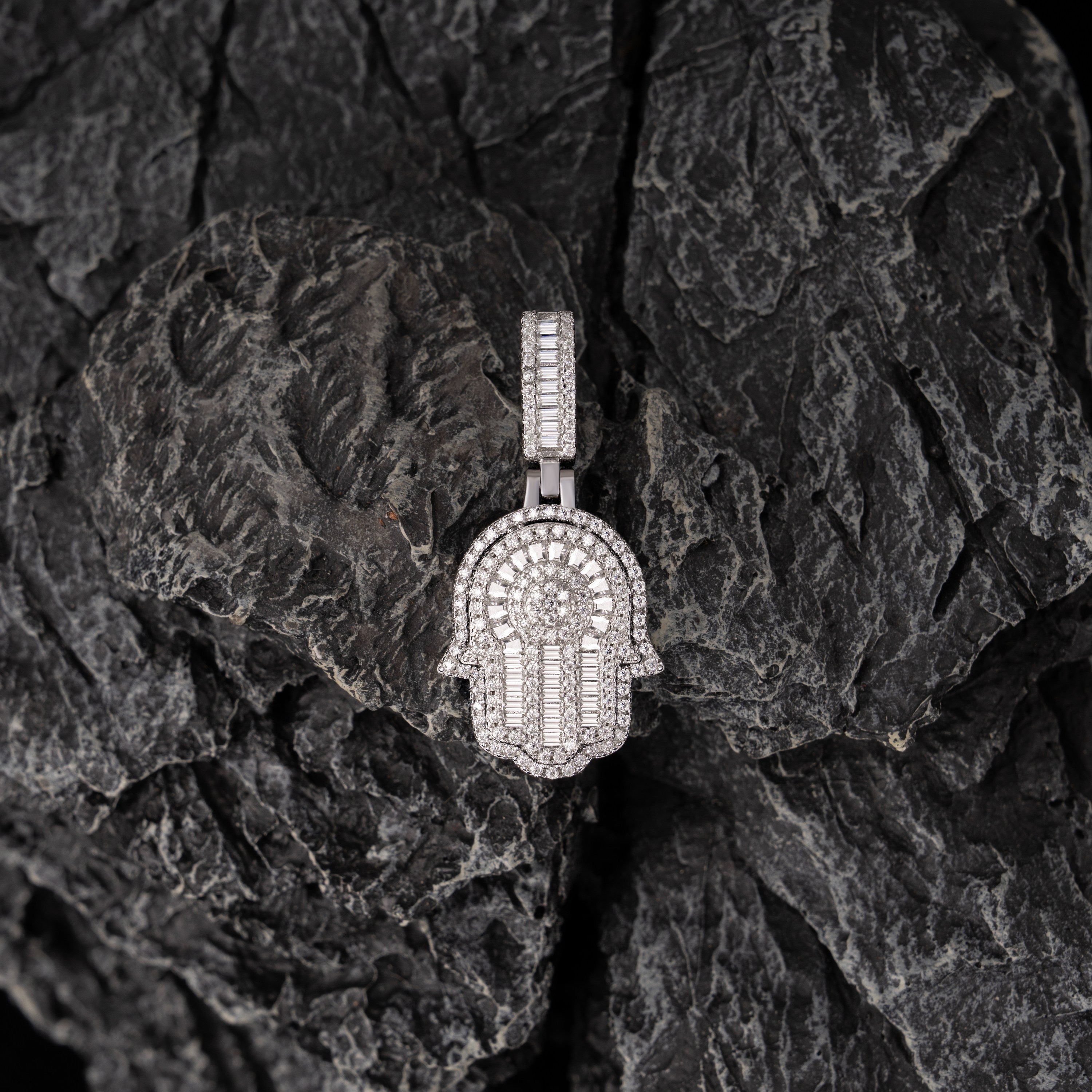 Iced Out Hamsa Hand Pendant – Baguette & Round Cut Moissanite Charm – alternate product view 5