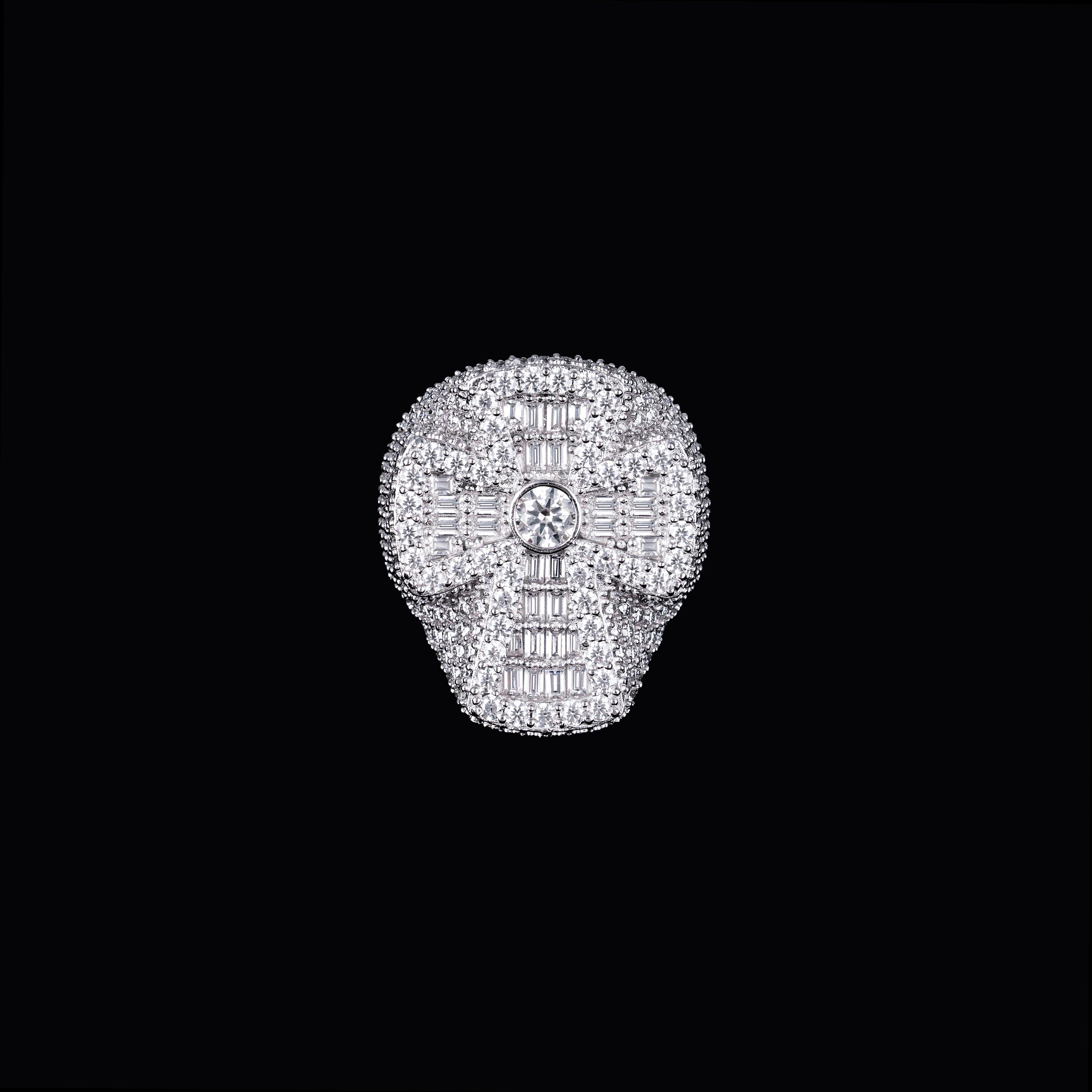 Iced Out Skull Cross Baguette Moissanite Ring VVS Half Pavé Statement Ring – alternate product view 2