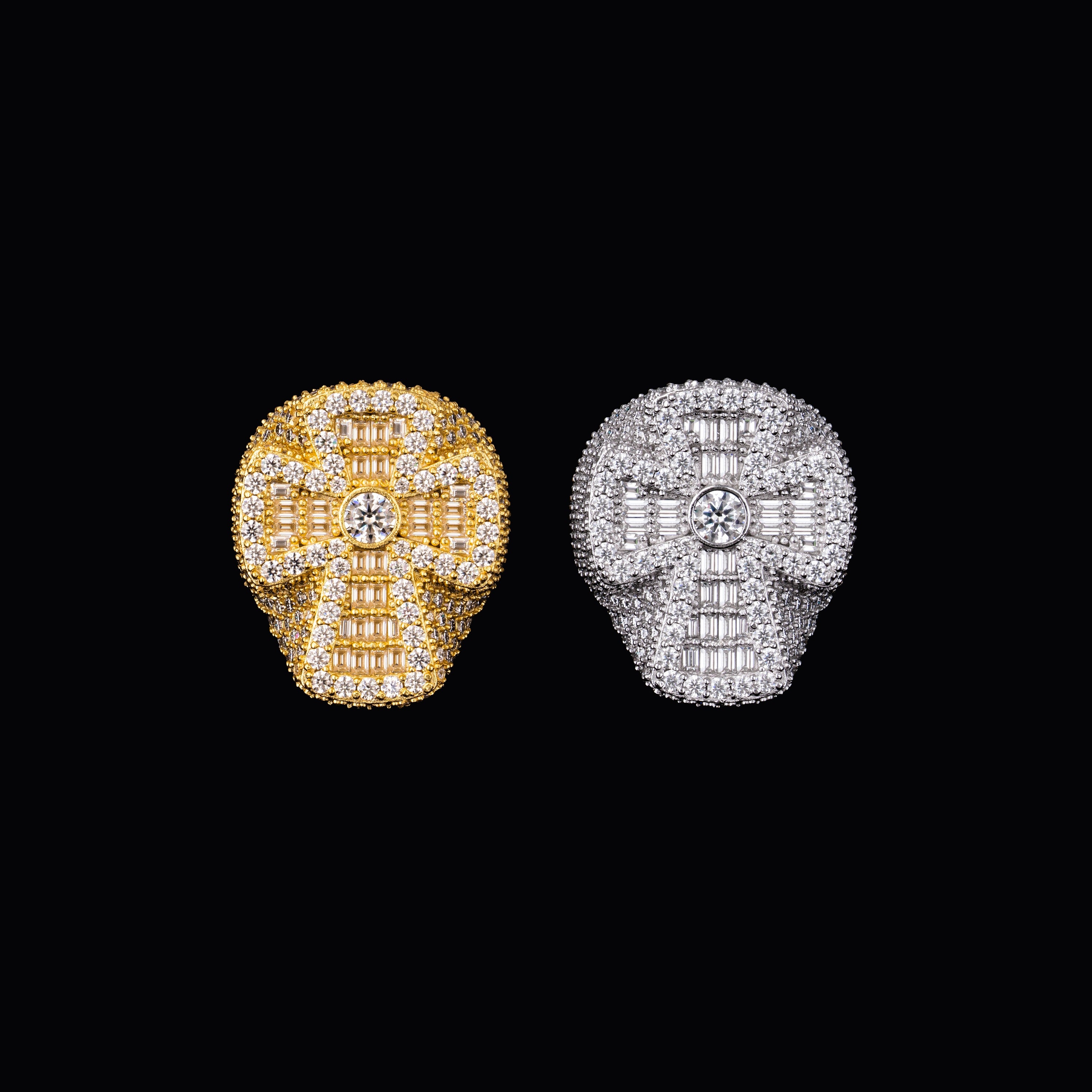 Iced Out Skull Cross Baguette Moissanite Ring VVS Half Pavé Statement Ring by Sommarnox
