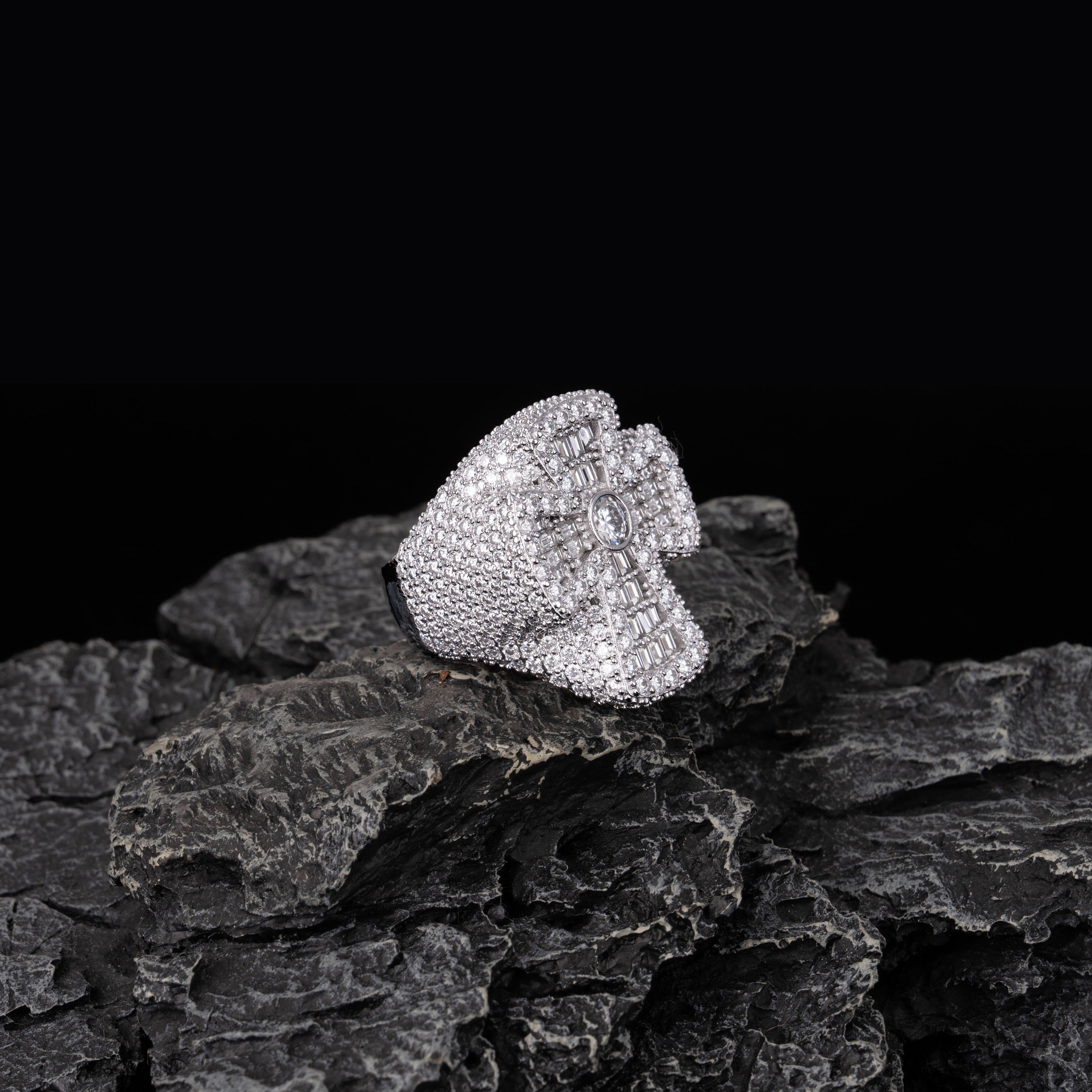 Iced Out Skull Cross Baguette Moissanite Ring VVS Half Pavé Statement Ring – alternate product view 3