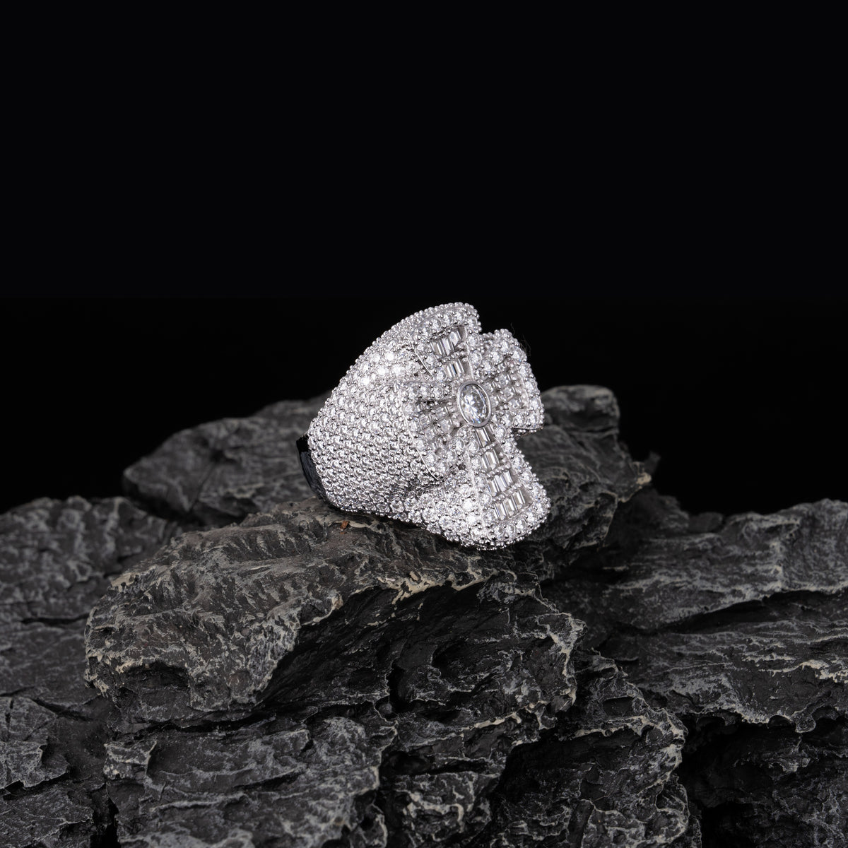 Iced Out Skull Cross Baguette Moissanite Ring VVS Half Pavé Statement Ring – alternate product view 3