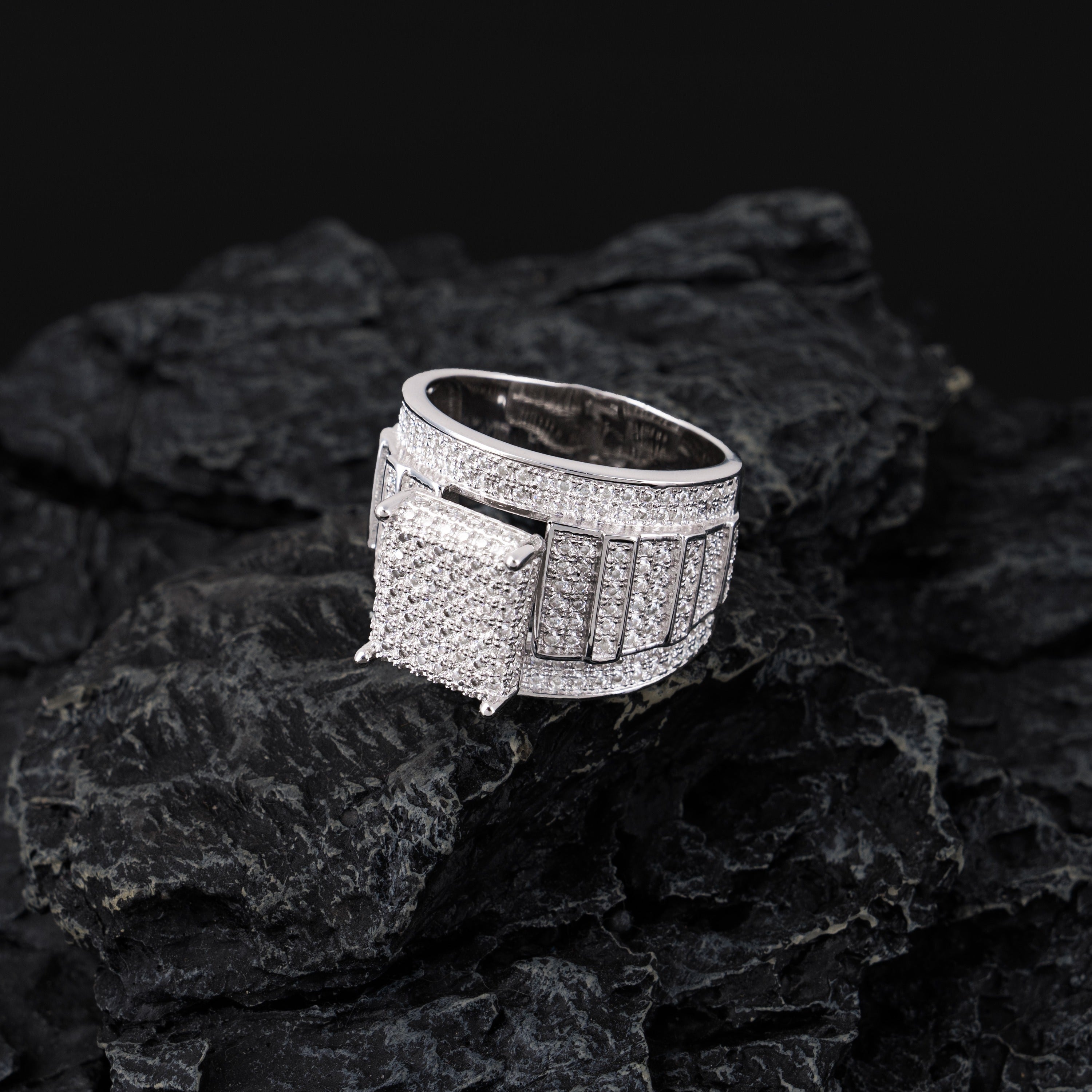 Square Cluster Moissanite Ring Fully Iced Out VVS Pavé Band Design by Sommarnox