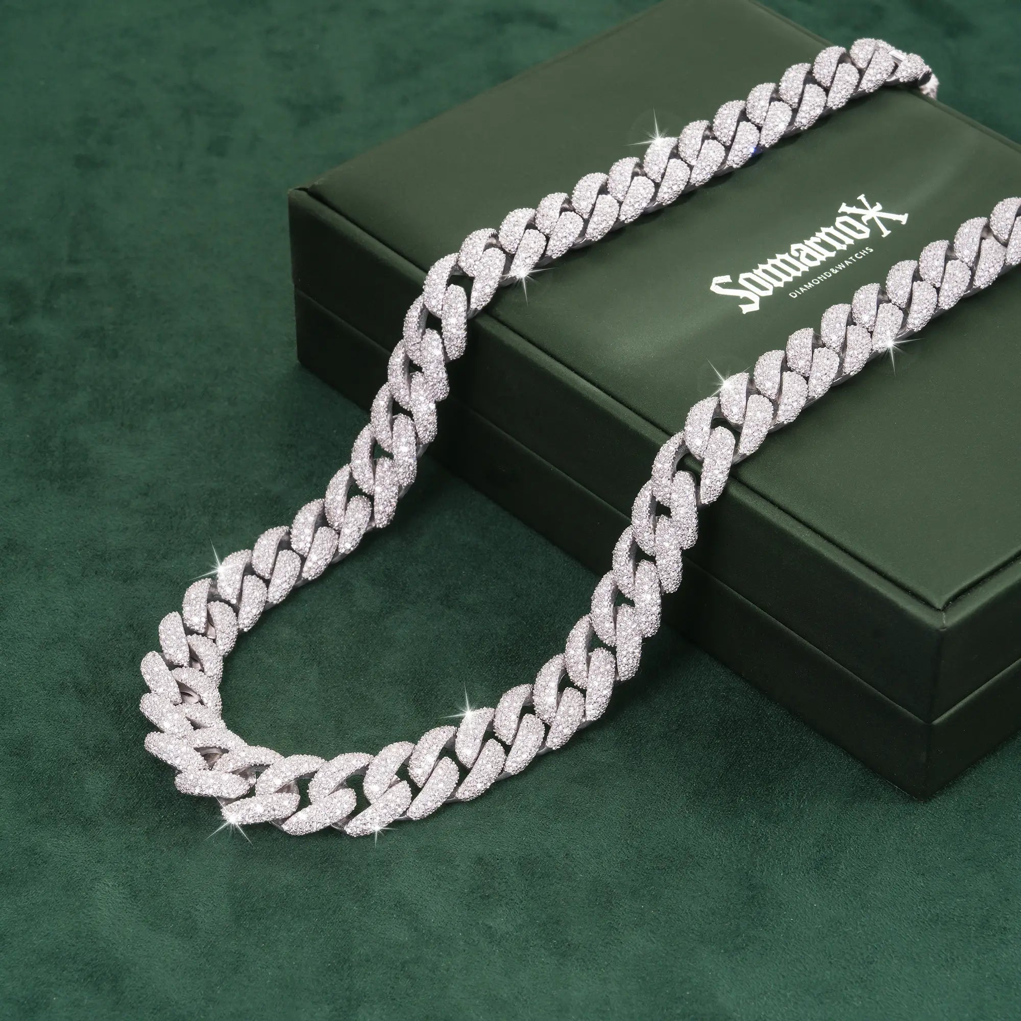 Iced out cuban chain necklace featuring VVS moissanite diamond shine.