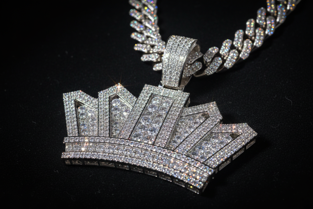Luxury custom crown moissanite pendant featuring fully flooded hip hop jewelry style.