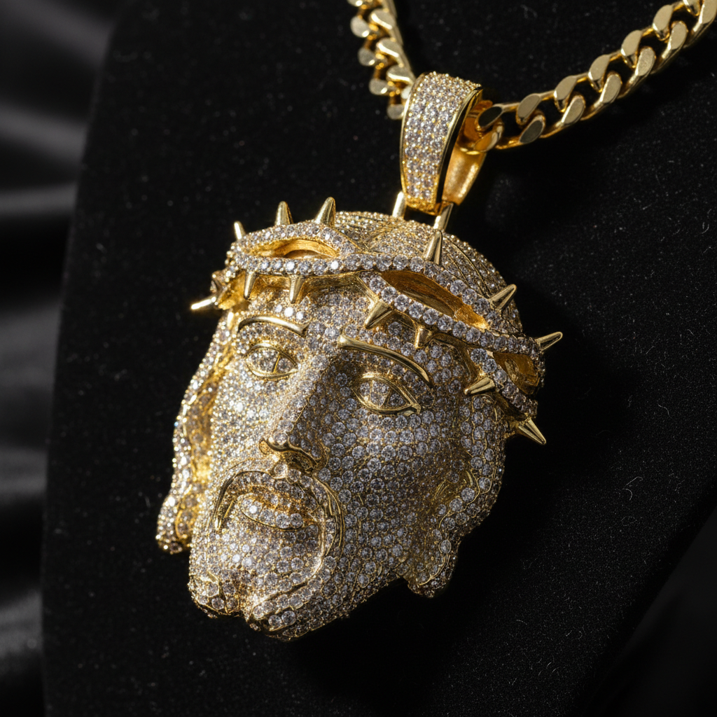 Premium moissanite Jesus piece pendant by Sommarnox featuring hand-set stones, gold finish, and heavyweight hip hop style.