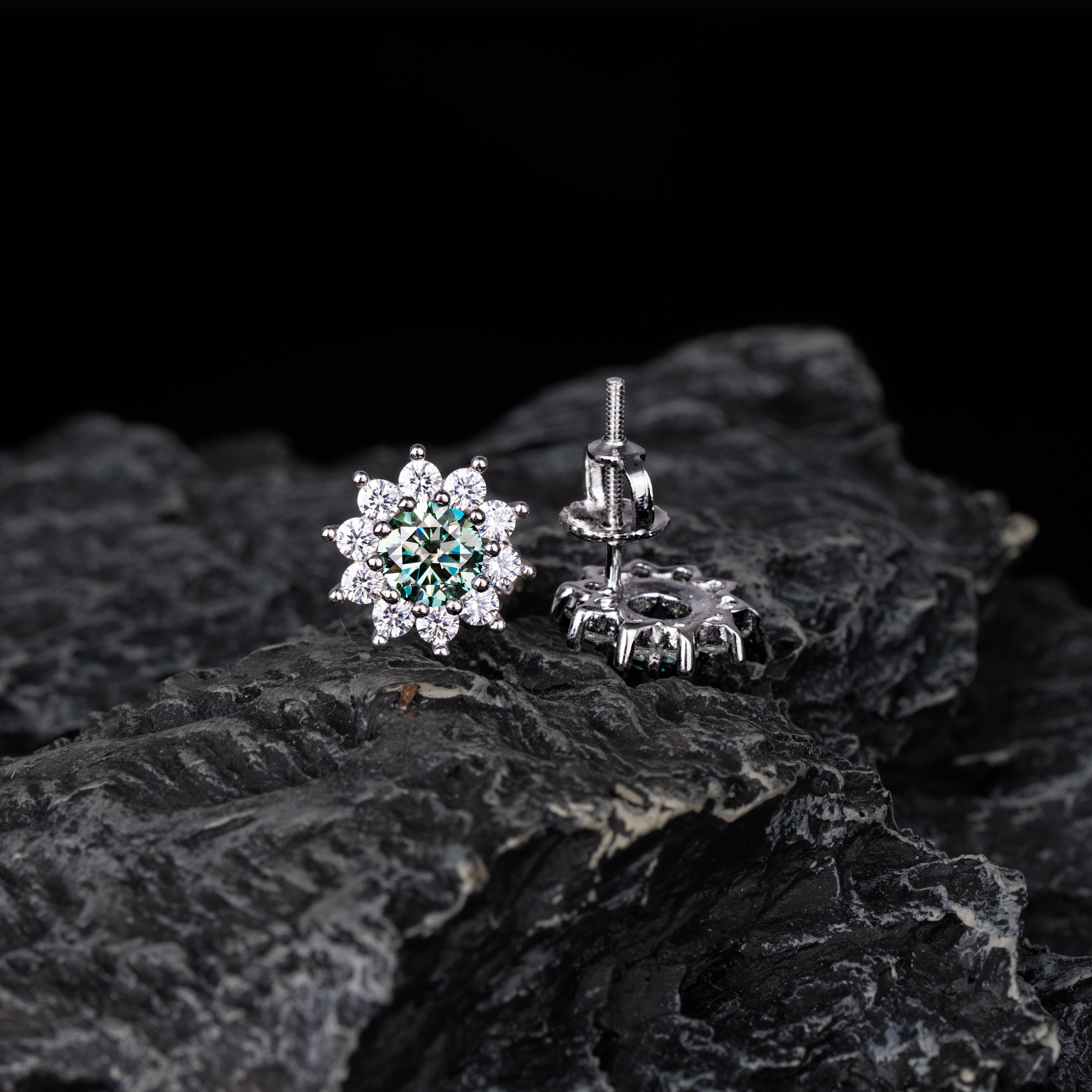 10MM Green & White Moissanite Stud Earrings VVS Floral Halo Pavé Screw Back – alternate product view 3