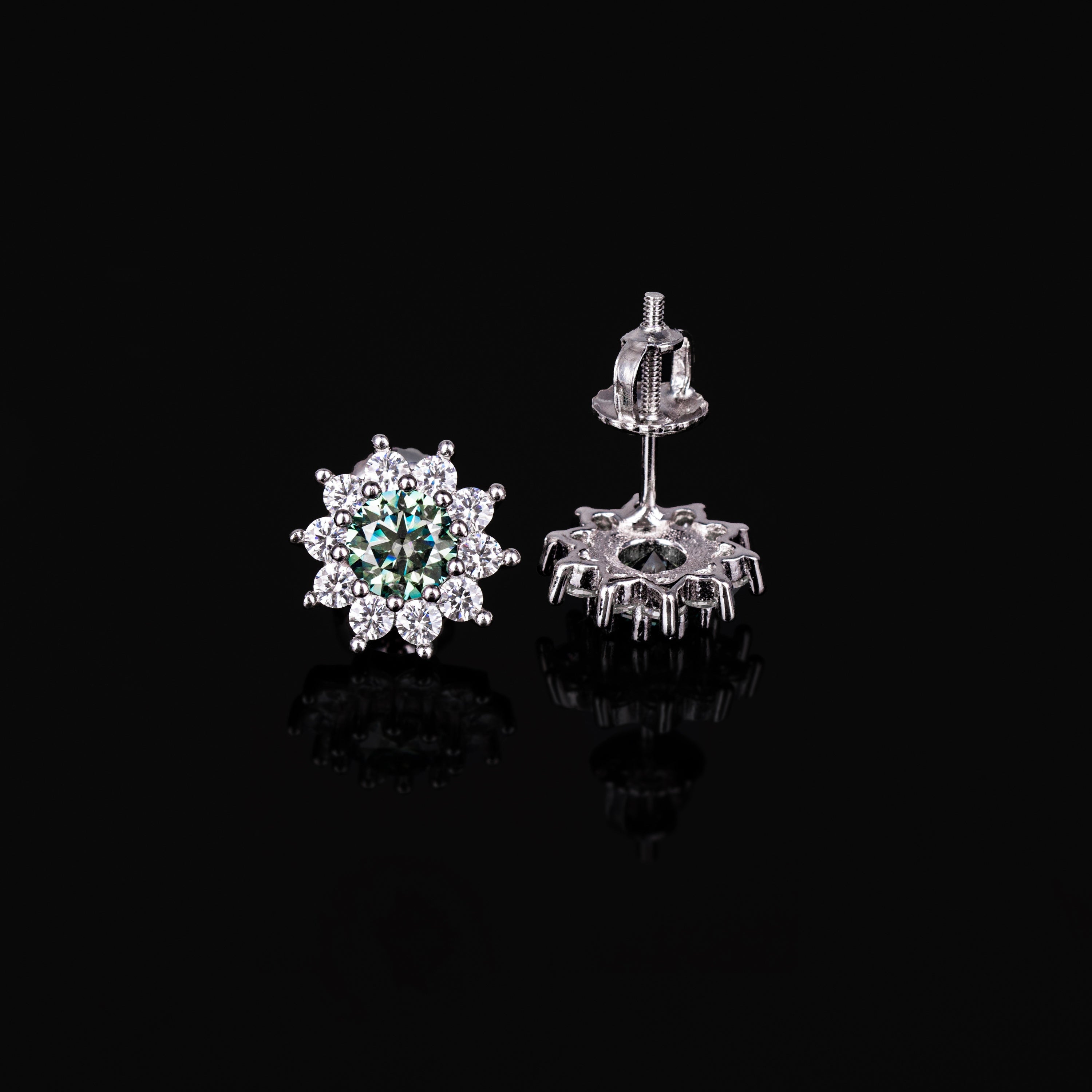 10MM Green & White Moissanite Stud Earrings VVS Floral Halo Pavé Screw Back – alternate product view 6