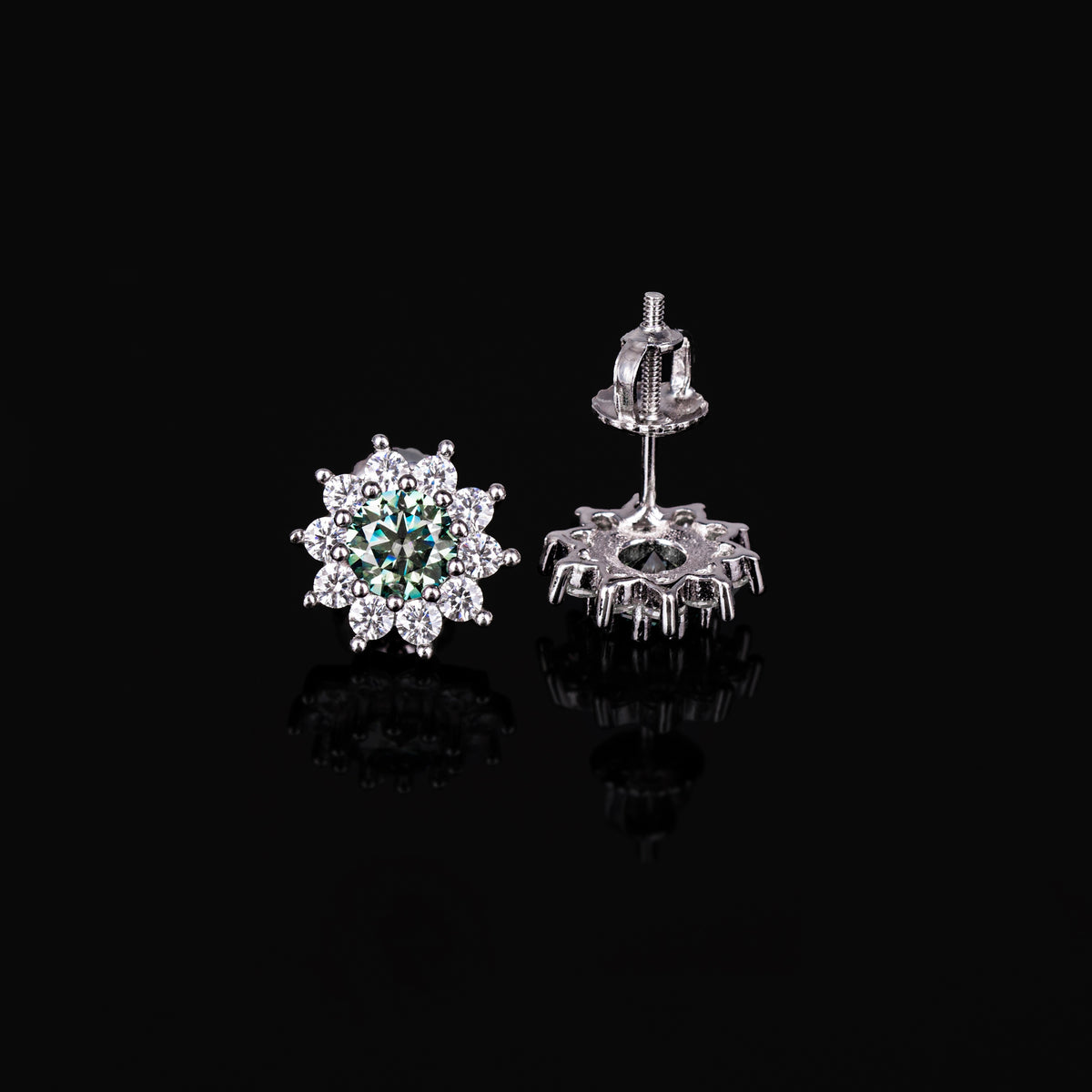 10MM Green & White Moissanite Stud Earrings VVS Floral Halo Pavé Screw Back – alternate product view 6