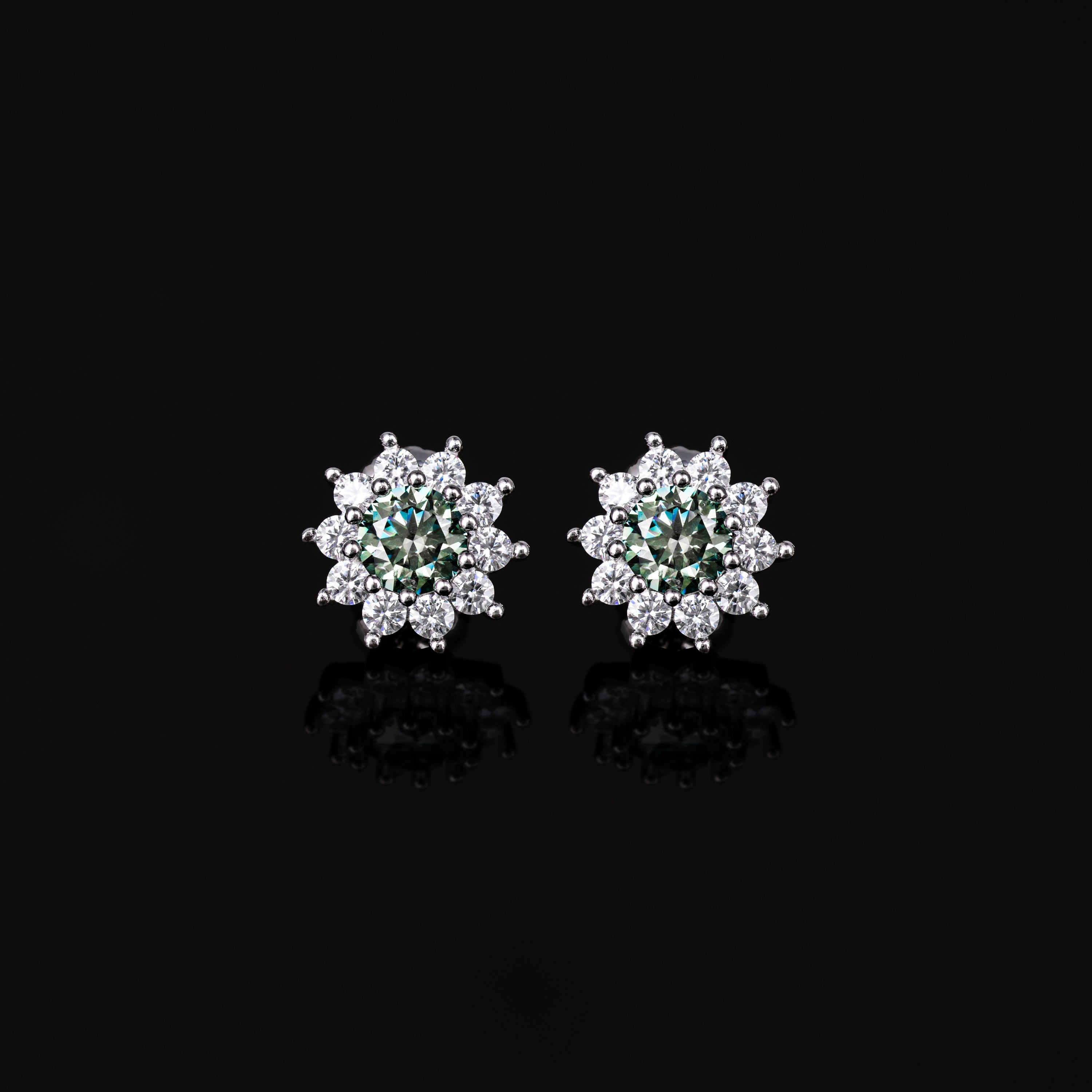 10MM Green & White Moissanite Stud Earrings VVS Floral Halo Pavé Screw Back – alternate product view 4