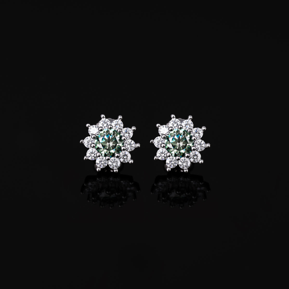 10MM Green & White Moissanite Stud Earrings VVS Floral Halo Pavé Screw Back – alternate product view 4