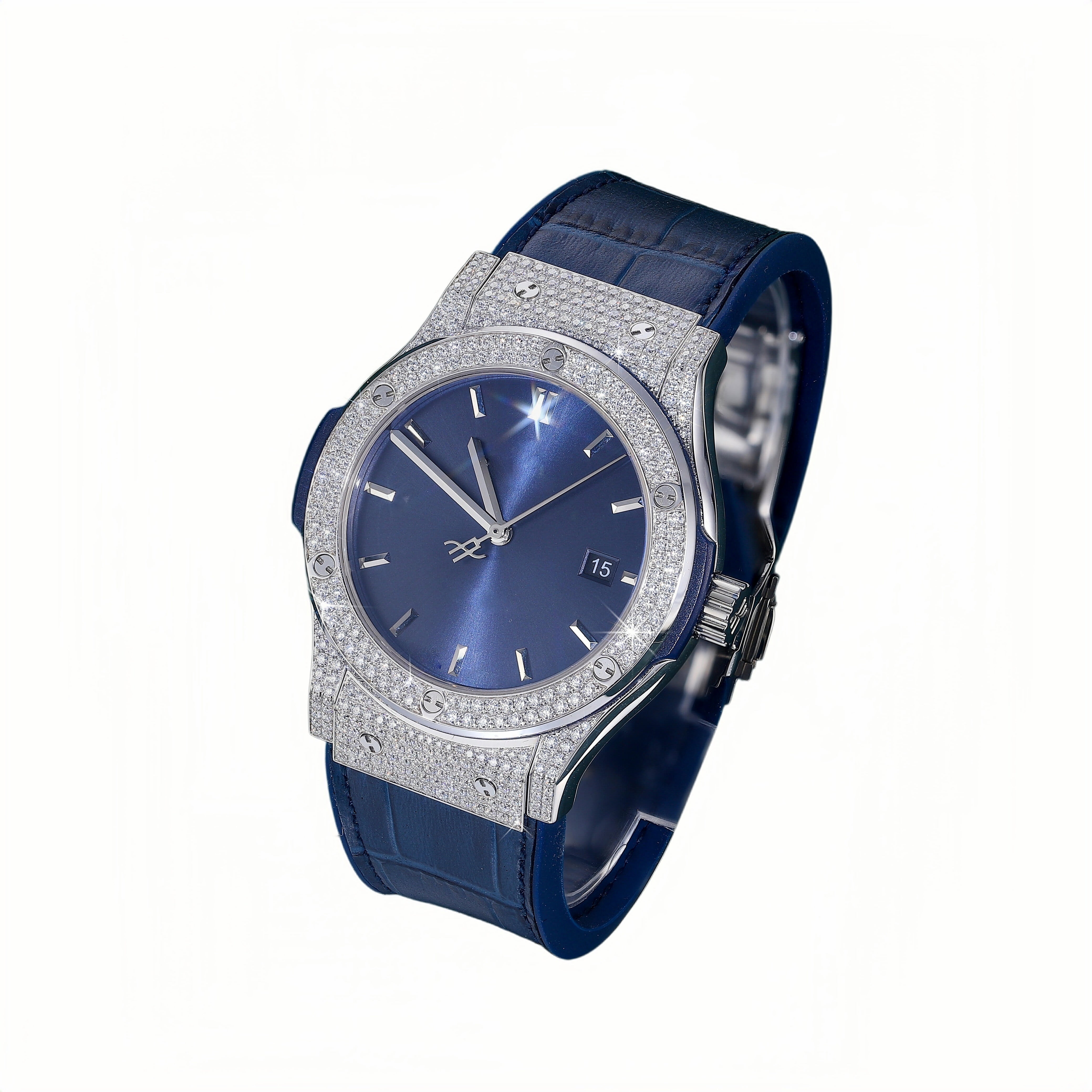 Blue Dial Moissanite Watch – Elegant Leather Strap Luxury Timepiece