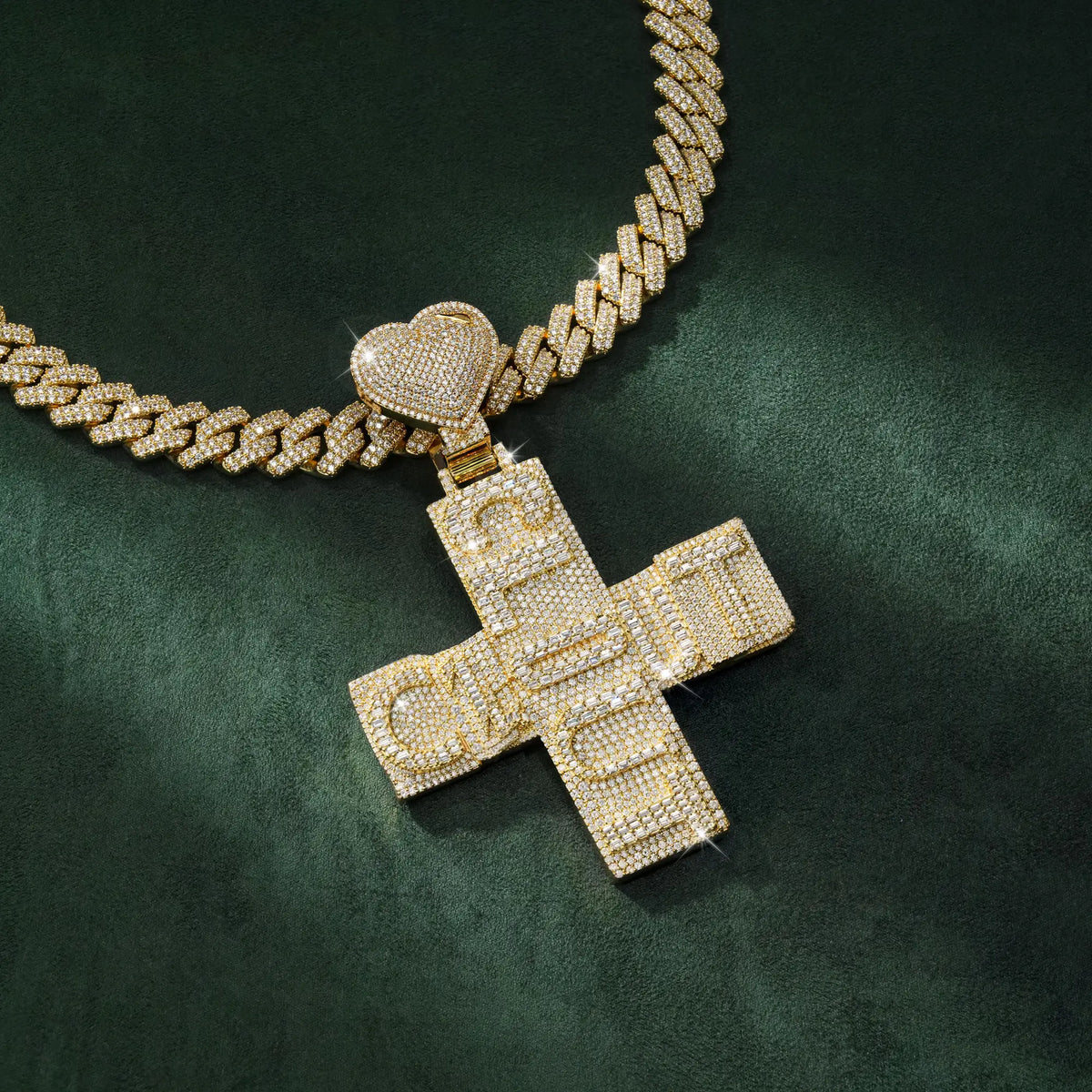 Custom Letter Cross Pendant Fully Iced Moissanite with Heart Bail by Sommarnox