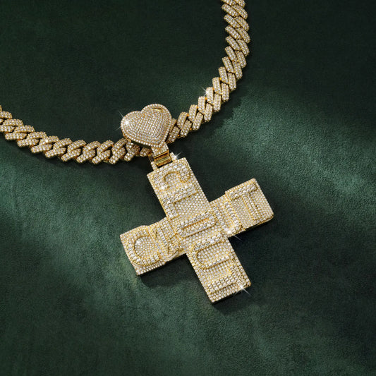 Custom iced out letter cross pendant with VVS moissanite and 14K gold plating