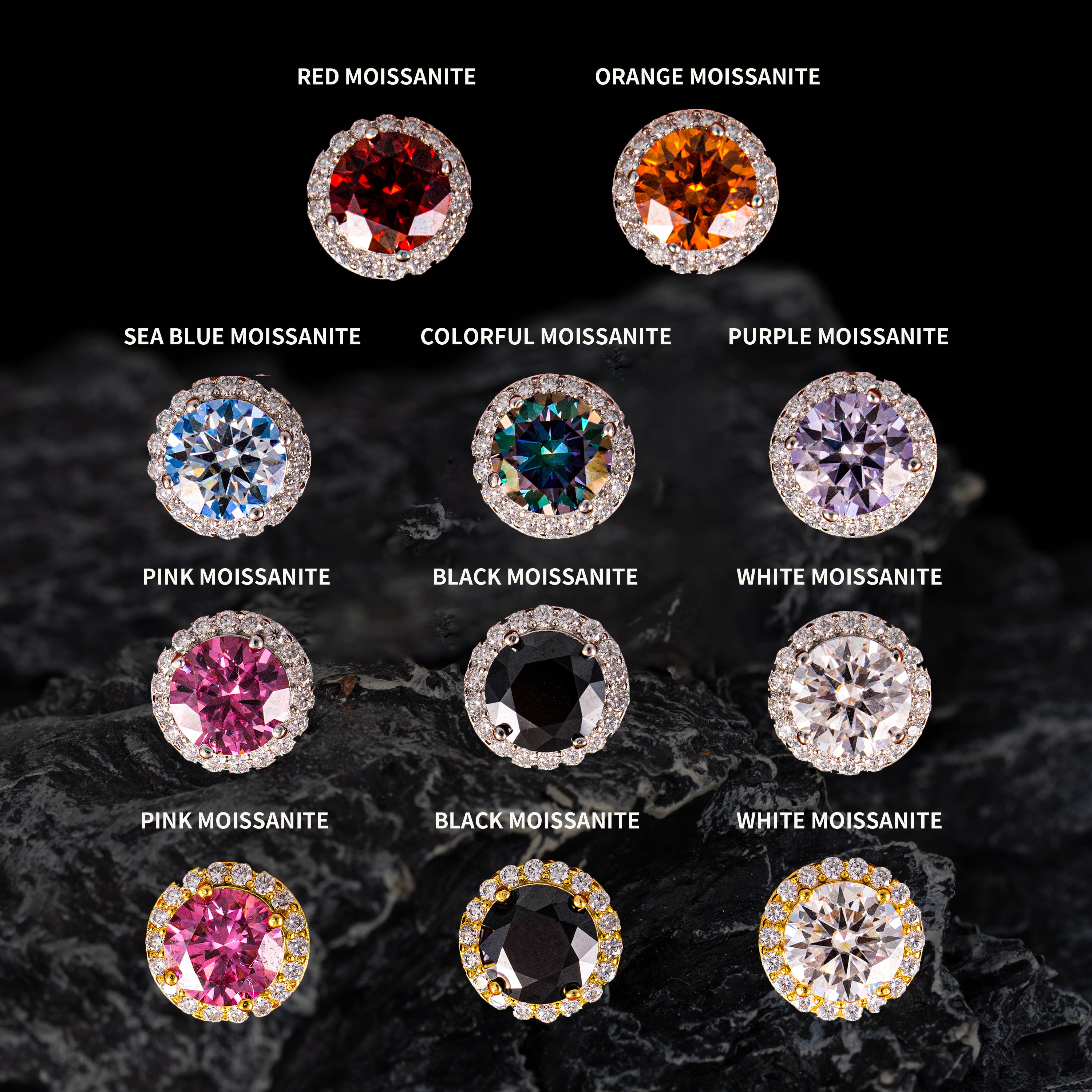 Color Moissanite Stud Earrings VVS Round Halo Pavé Screw Back by Sommarnox