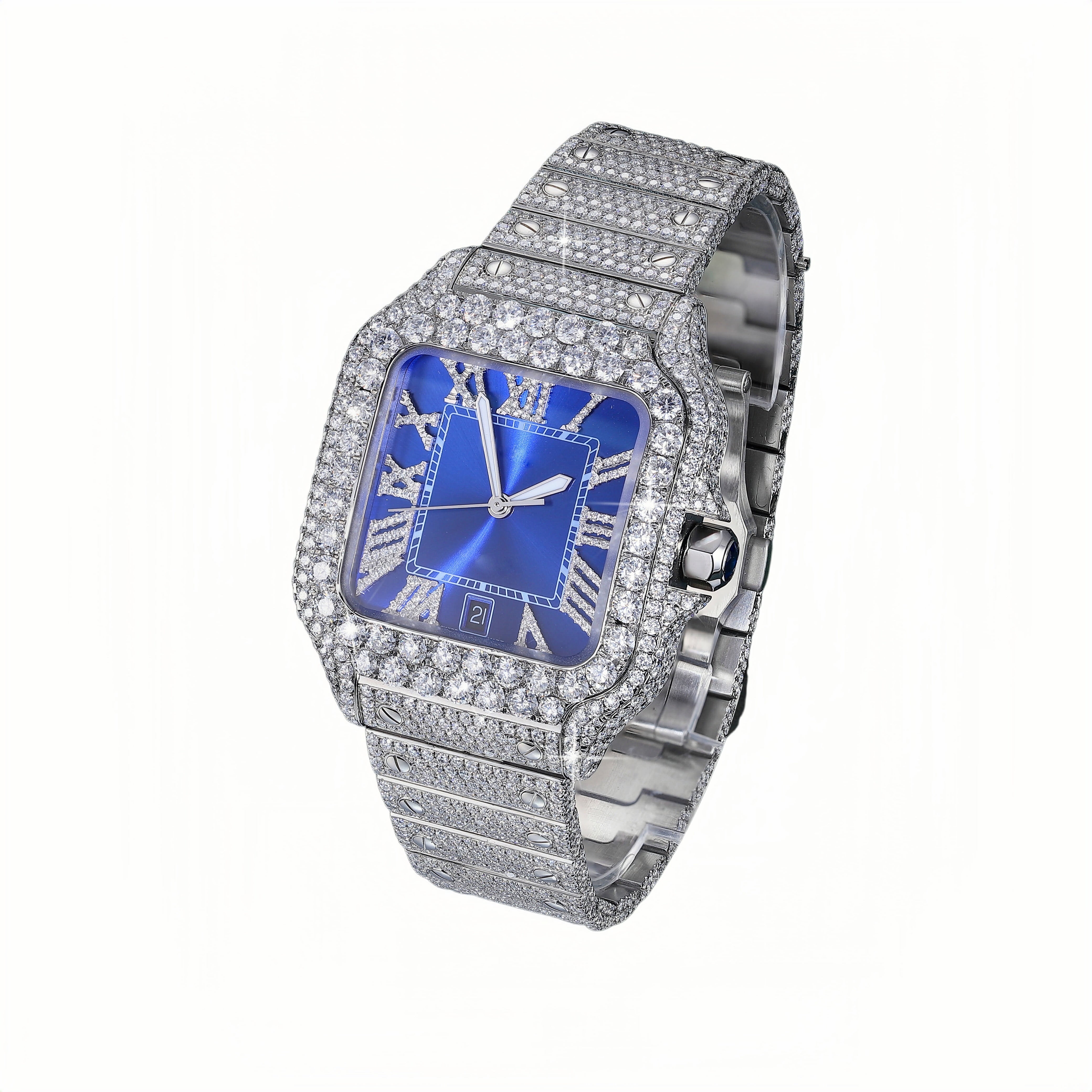 Iced Out Moissanite Watch – Blue Dial Luxury Statement Piece