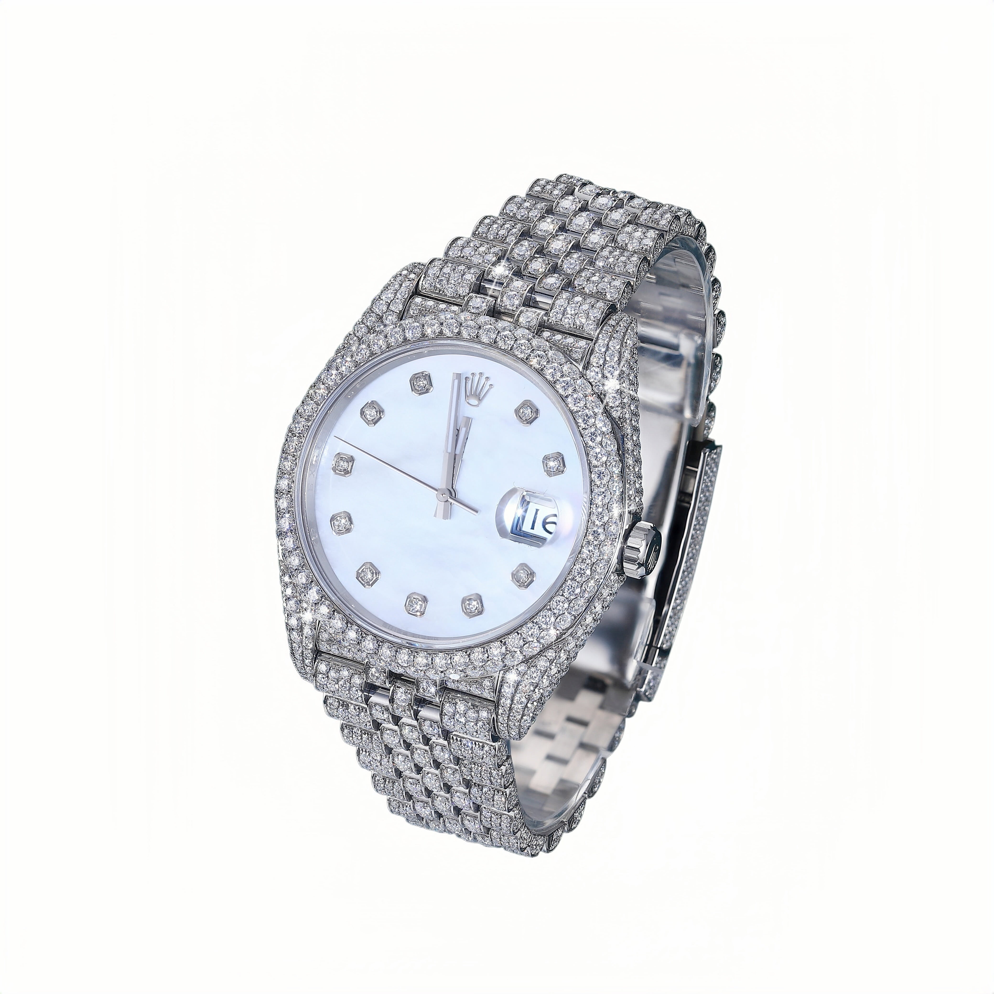 Iced Out Moissanite Watch – White Dial Luxury Pavé Bracelet Design