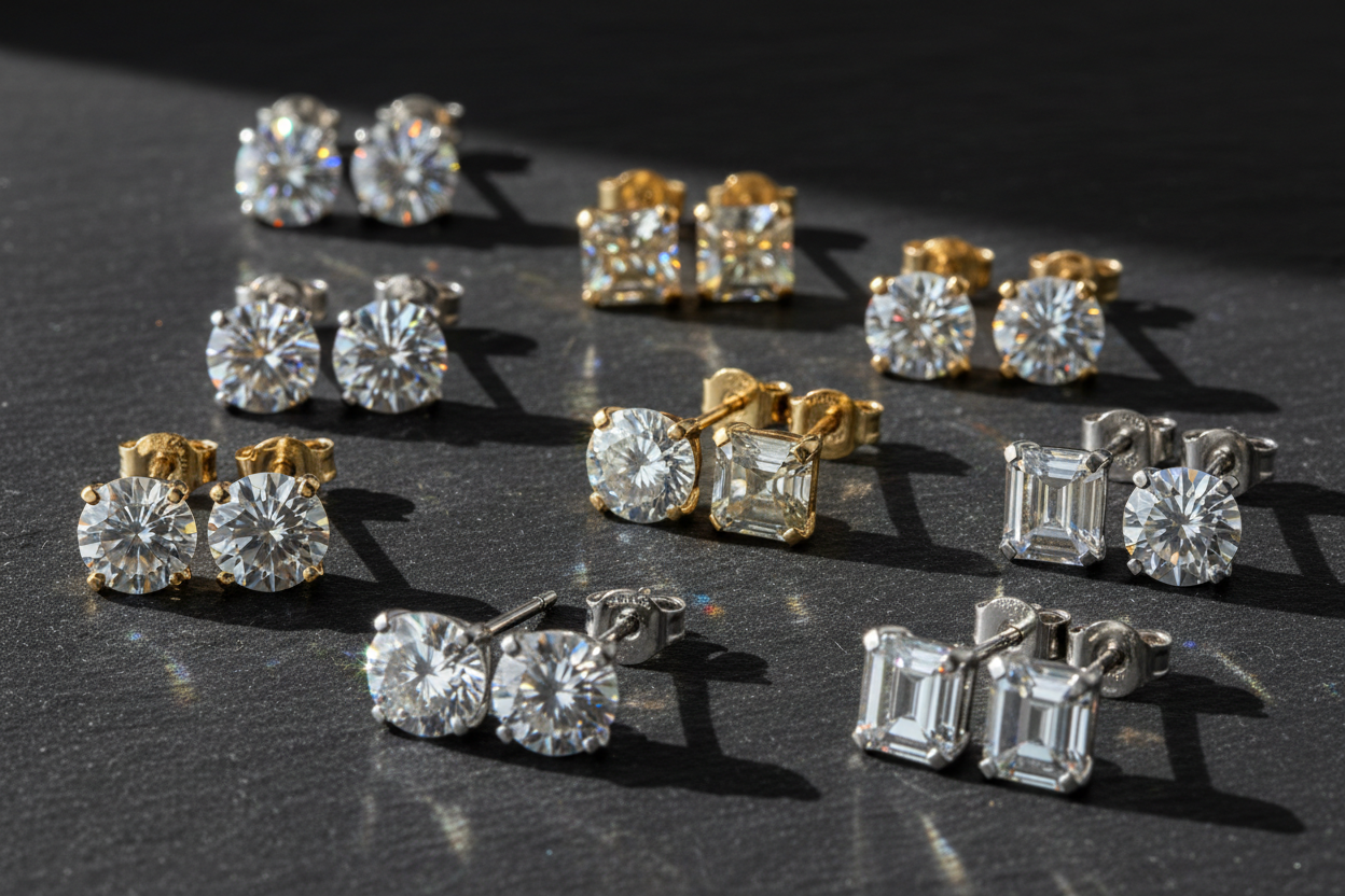Men's moissanite stud earrings with VVS round and square cut stones in white gold and 14K gold finishes.