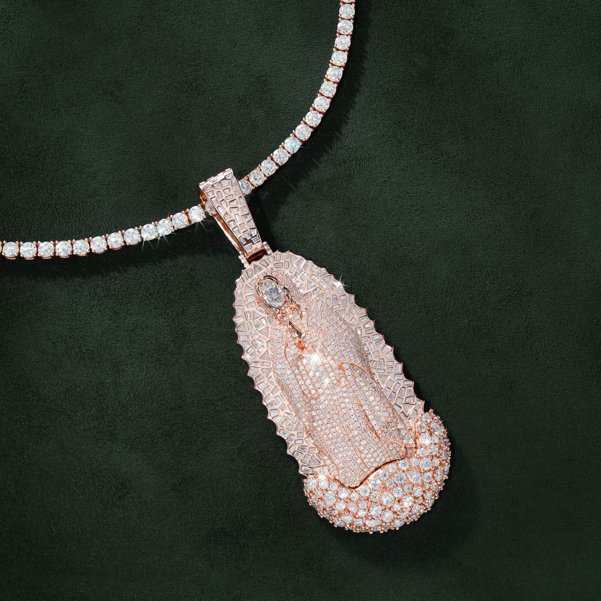 Custom 14K Rose Gold Iced Out Our Lady of Guadalupe Pendant