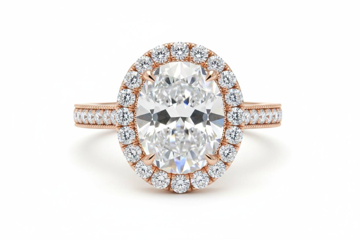 Luxury lab-grown diamond engagement rings with VVS stones in white gold and 14K gold settings.
